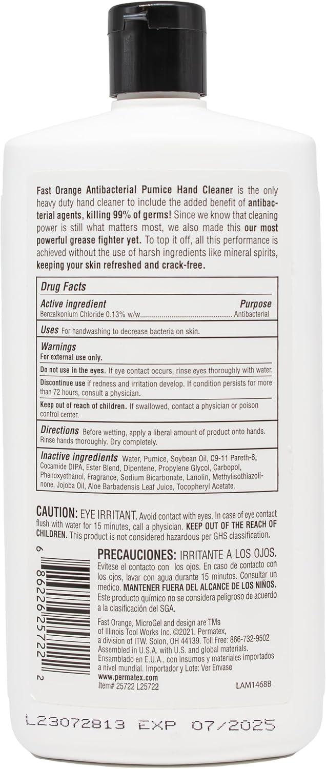 Fast Orange 25108 Pumice Lotion, Heavy Duty Hand Cleaner, Natural Citrus Scent, Waterless Cleaner For Mechanics, Strong Grease Fighter, 7.5 oz