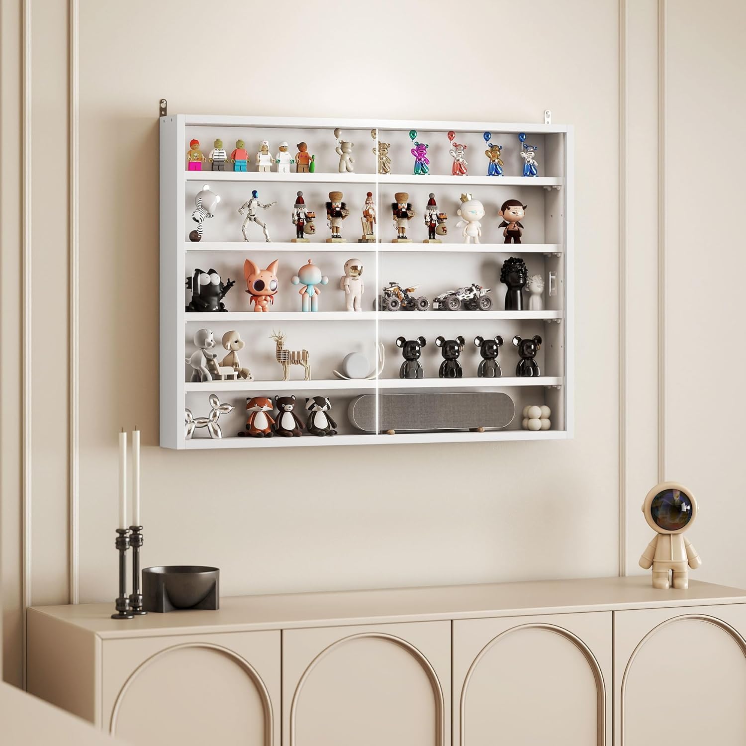 HOMCOM 5-Tier Display Cabinet, Glass Door Cabinet with Adjustable Shelves, Wall-Mounted Display Case for Playroom, Bedroom, Black
