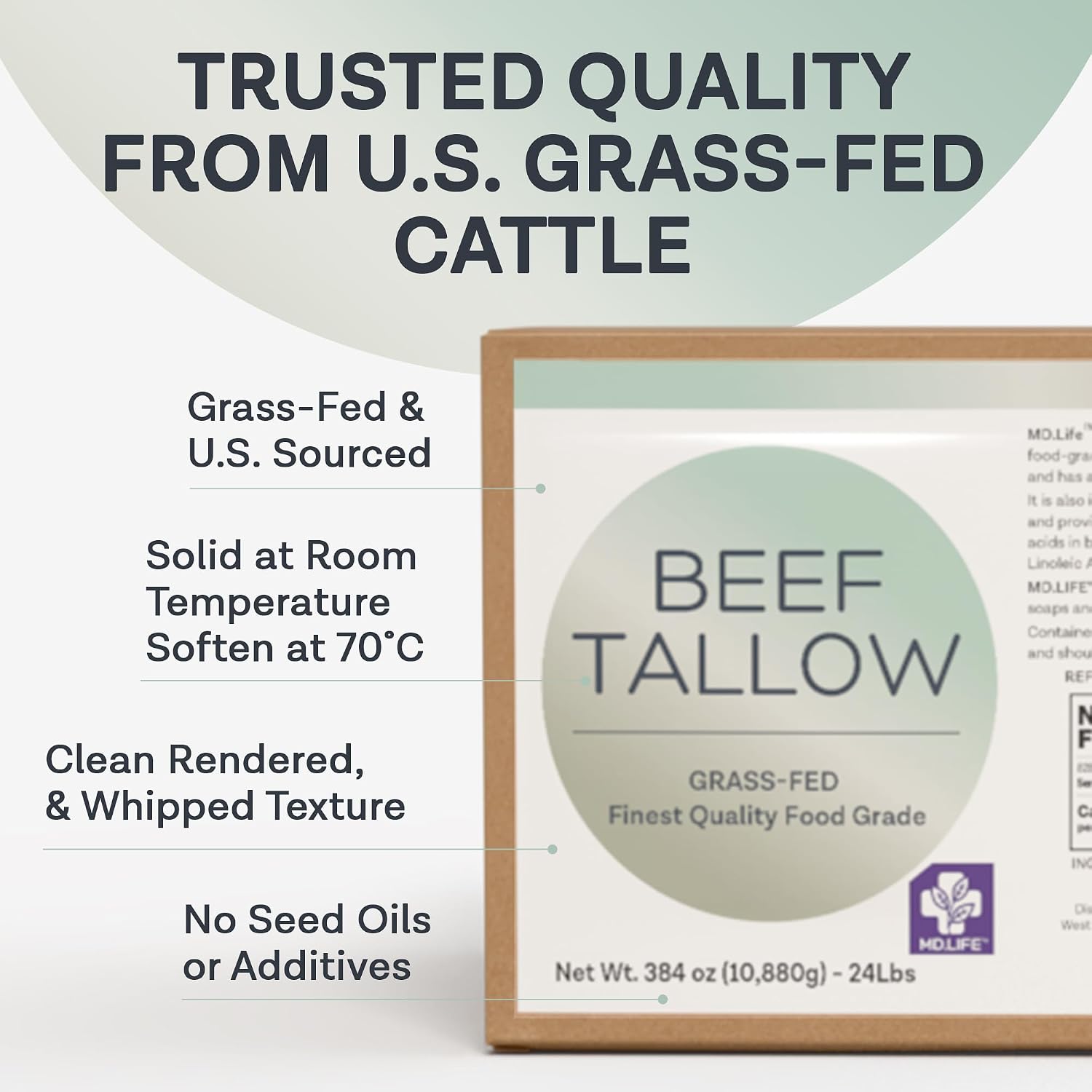 MD. Life Beef Tallow for Cooking - Food Grade Grass Fed Beef Tallow for Cooking Oil Replacement - 28 Ounce - Pasture Raised Keto Friendly Beef Tallow- Used to Make Candles & Soap