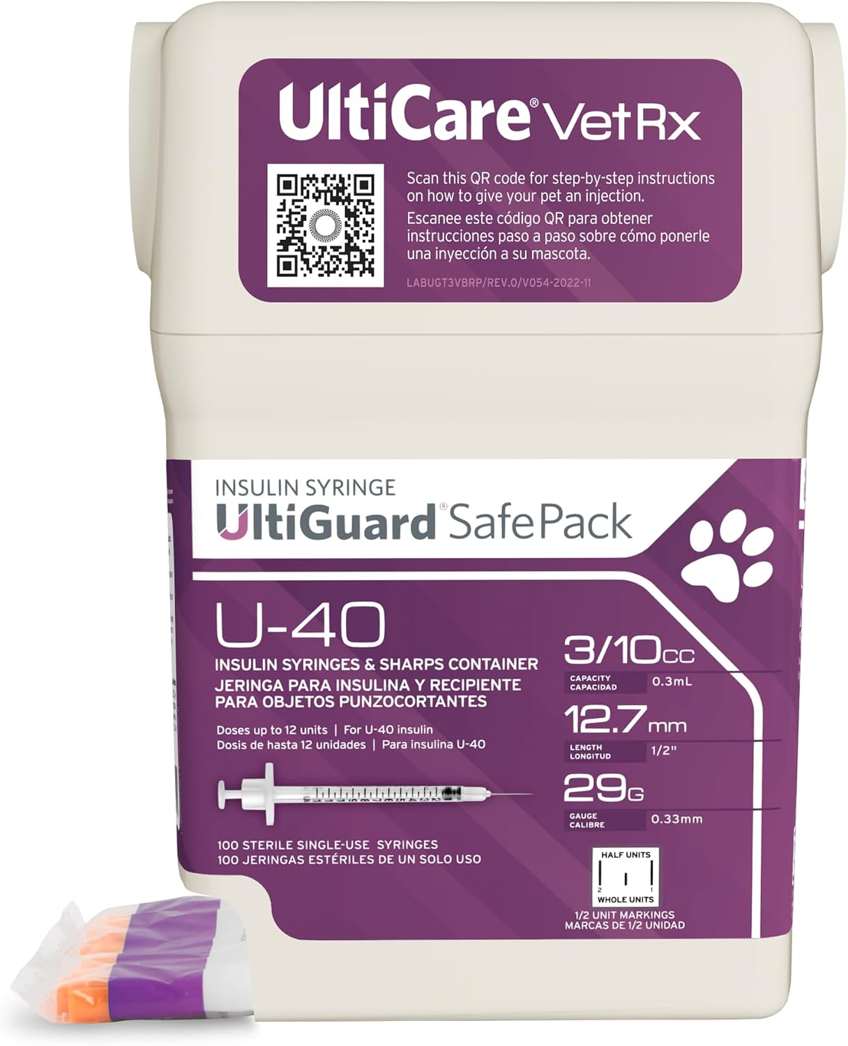 UltiGuard Safe Pack U-40 Pet Insulin Syringes, 3/10cc, 29G x 1/2", 100Ct HU