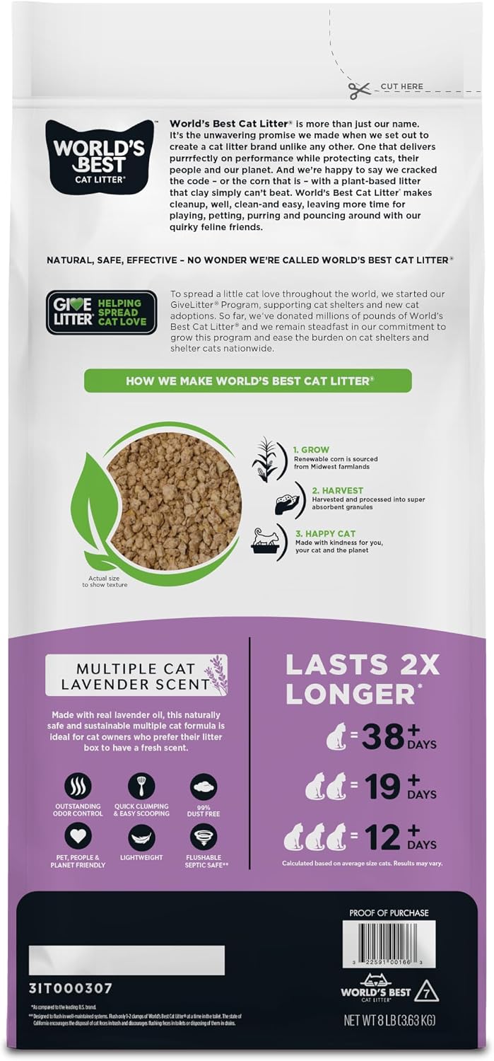 World's Best Cat Litter, Lavender Scented, Long-Lasting Odor Control, 15 lb | Controls multi-cat odors with a calming lavender scent; natural corn litter, quick clumping, flushable, 99% dust free formula