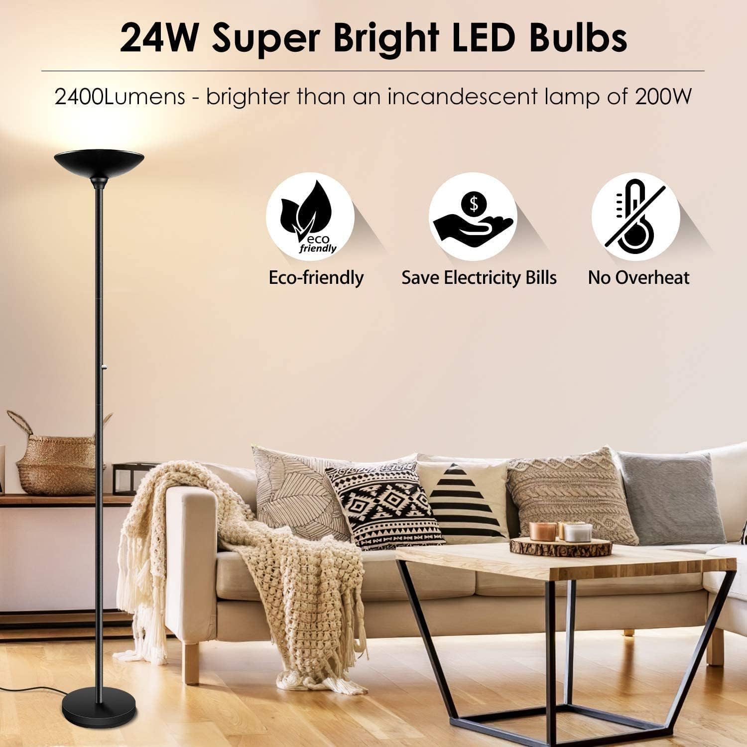 BoostArea Torchiere Floor Lamp, 30W Super Bright LED Standing Lamp, Stepless Dimmable Pole Lamp with 3000K Lighting, Rotary Switch