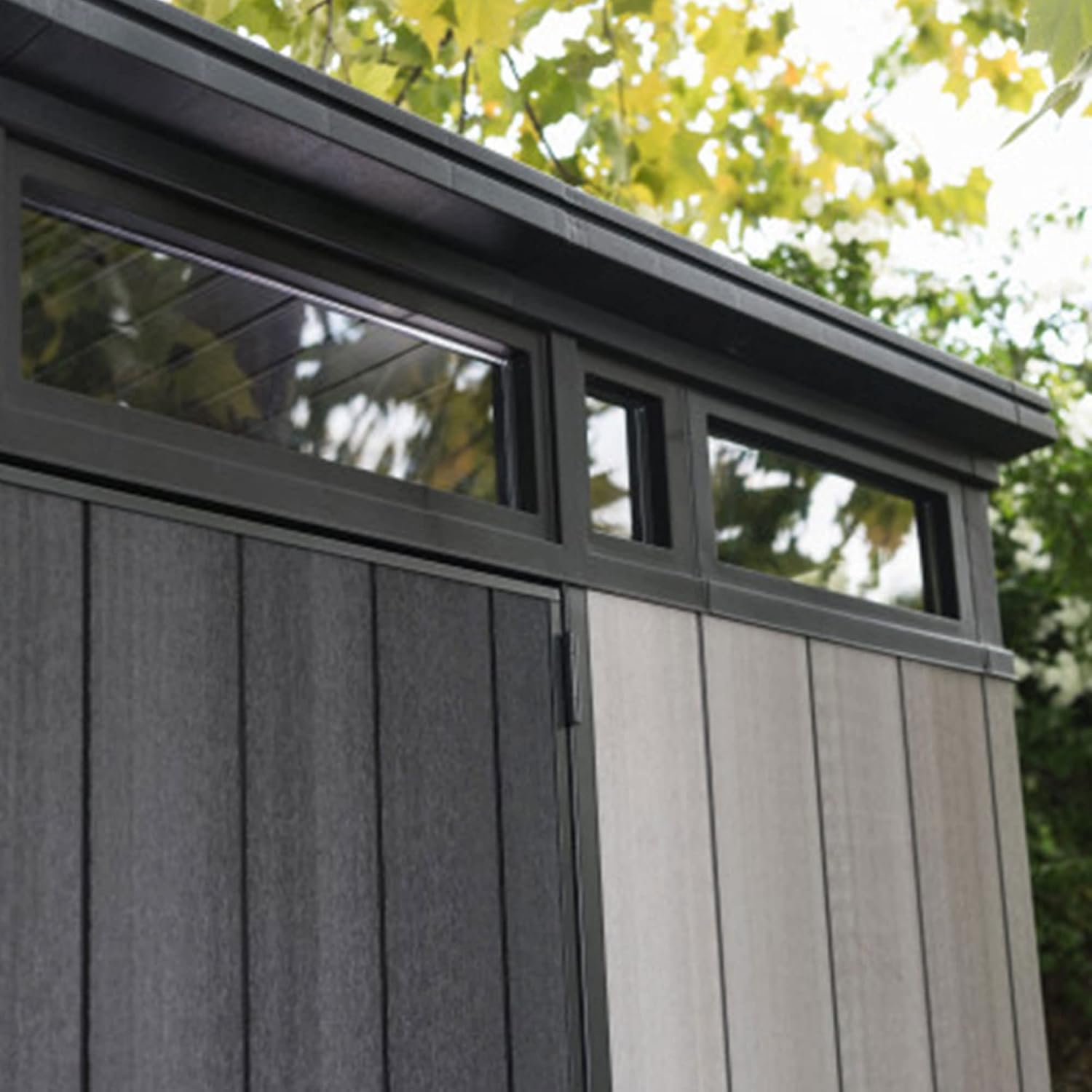 Keter Artisan 9x7 Foot Large Outdoor Shed with Floor with Modern Design for Patio Furniture, Lawn Mower, Tools, and Bike Storage, feet, Grey/Black