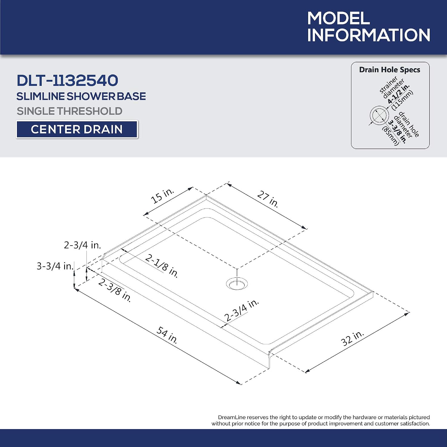 DreamLine SlimLine 32 in. D x 32 in. W x 2 3/4 in. H Center Drain Single Threshold Shower Base in White, DLT-1132320