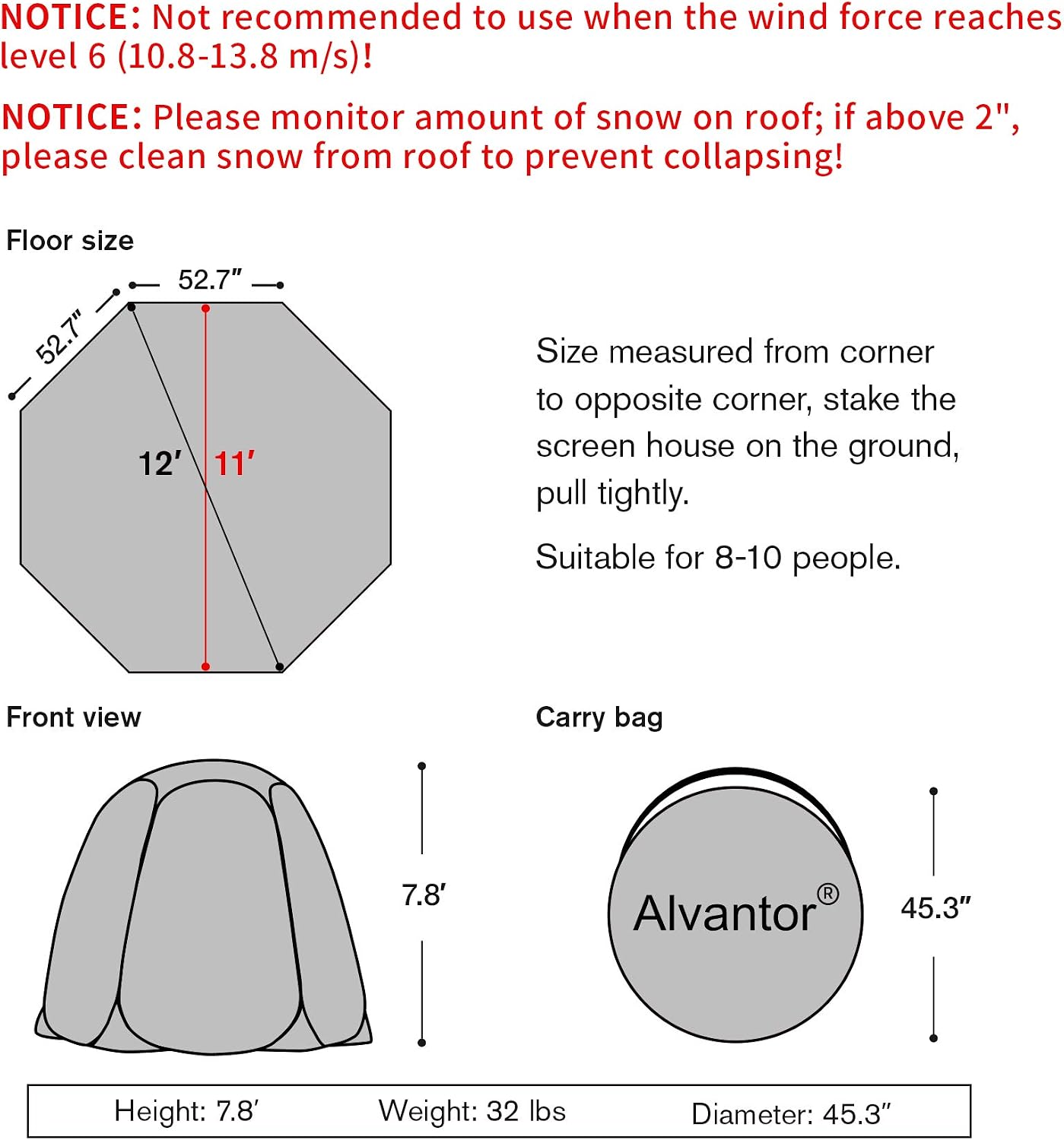 Alvantor® Pop Up Bubble Tent® - 6’ x 6’ Instant Igloo Tent® - 2-3 Person Screen House for Patios - Large Oversize Weather Proof Pod - Cold
