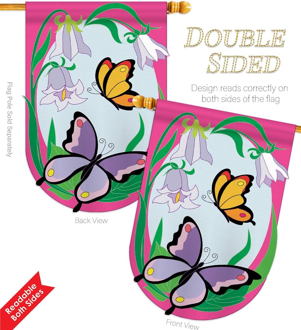 Two Group HS104048-P2-03 Butterflies Garden Friends Bugs & Frogs Applique Decorative Vertical 28" x 44" Double Sided House Flag Set Wood Dowel with
