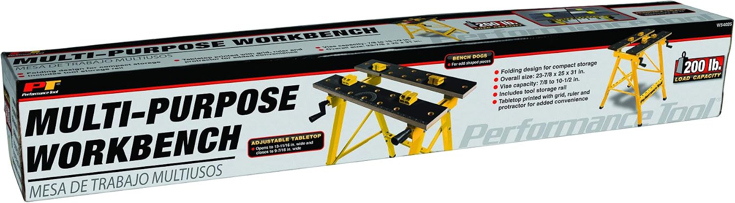 Performance Tool W54025 Portable Folding Workbench and Vise | 200 lb capacity folding work table. Printed grid