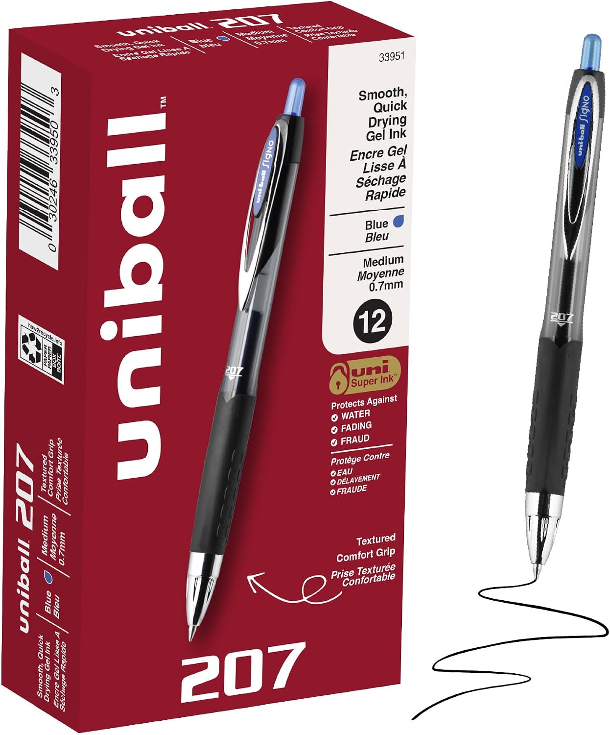 uniball™ 207 Gel Pens, Black Ink, 0.7mm Medium Point, Retractable, 12 Count | Smooth Writing, Fraud-Resistant, uni Super Ink™