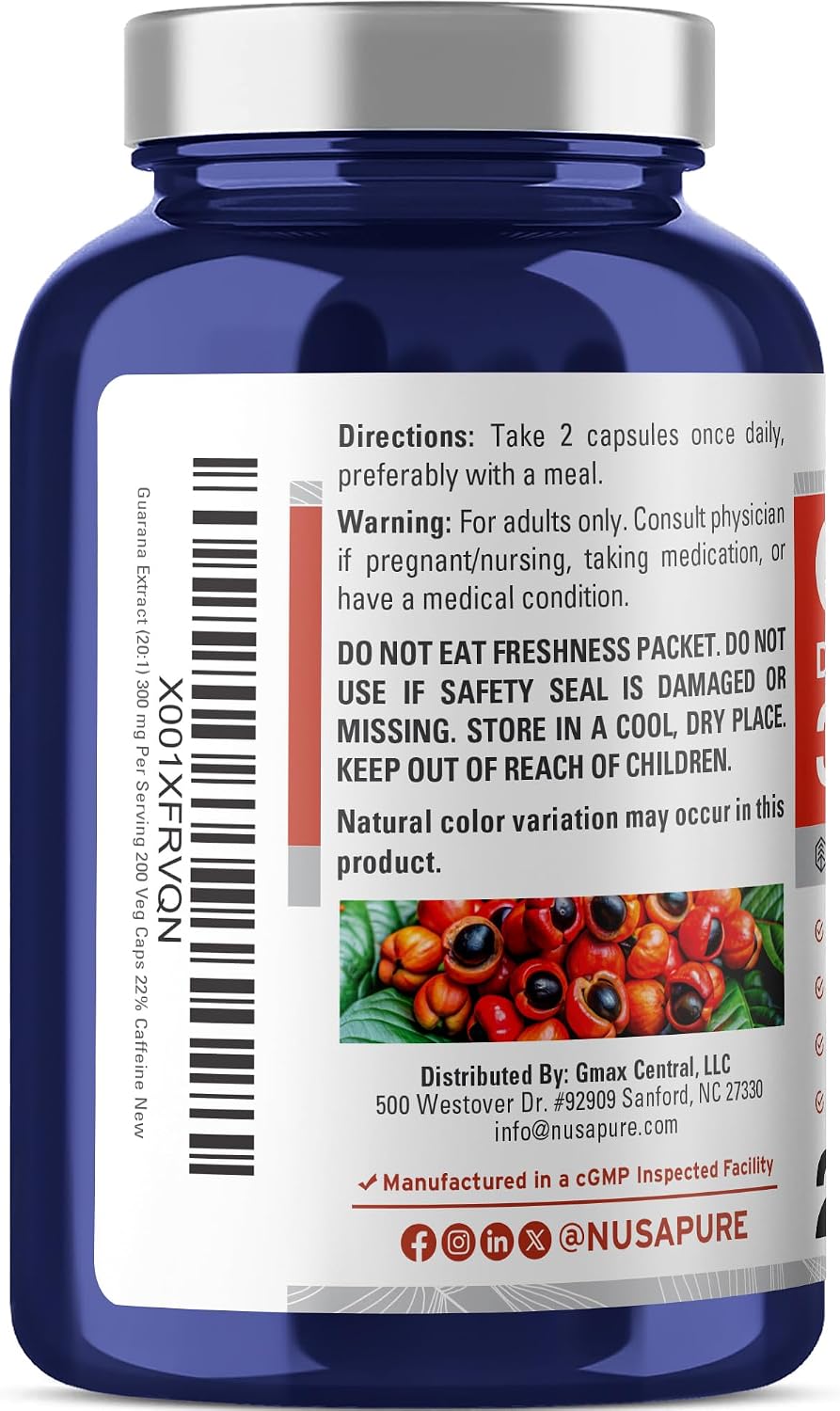 Guarana seed, Non-GMO, Vegan, 300mg, 200 Veggie Capsules - 100 Servings | Plant Based, 20:1 Paullinia cupana Extract, 22% Caffeine