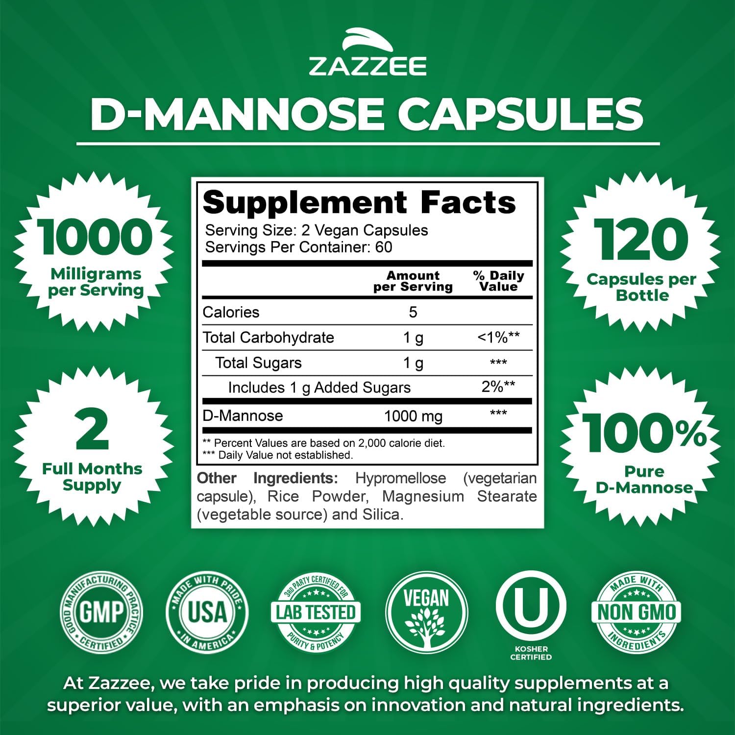 Zazzee D-Mannose, 1000 mg per Serving, 180 Vegan Capsules, 3 Month Supply | Potent & Fast-Acting, Certified Kosher, 100% Pure, All-Natural Urinary Tract Health Support, 100% Vegetarian, Non-GMO