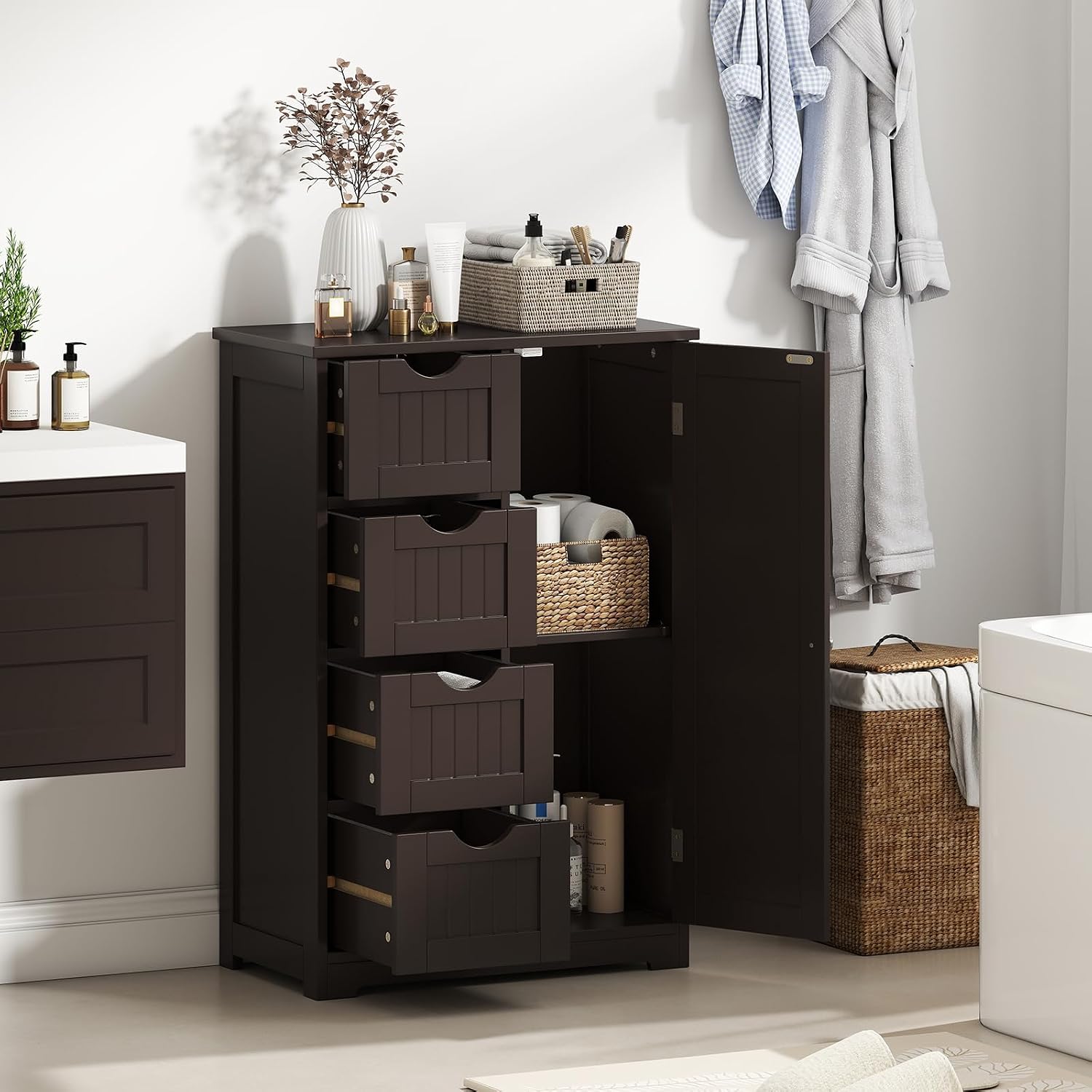 Giantex Storage Cabinet with 4 Drawers, Bathroom Storage Organizer with Cupboard, Adjustable Shelf, Anti-Toppling Device, Floor Cabinet, Entryway Storage Unit Console Table, White