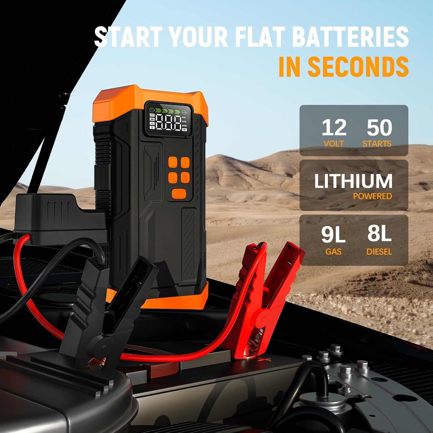 [2026NEW Model] 5000A Jump Starter with Air Compressor,Car Jumper Starter Portable with 150PSI Tire Inflator 12V Jump Box with LCD Display,Flashlight,Storage Case (Up 9L Gas/8L Diesel Engine