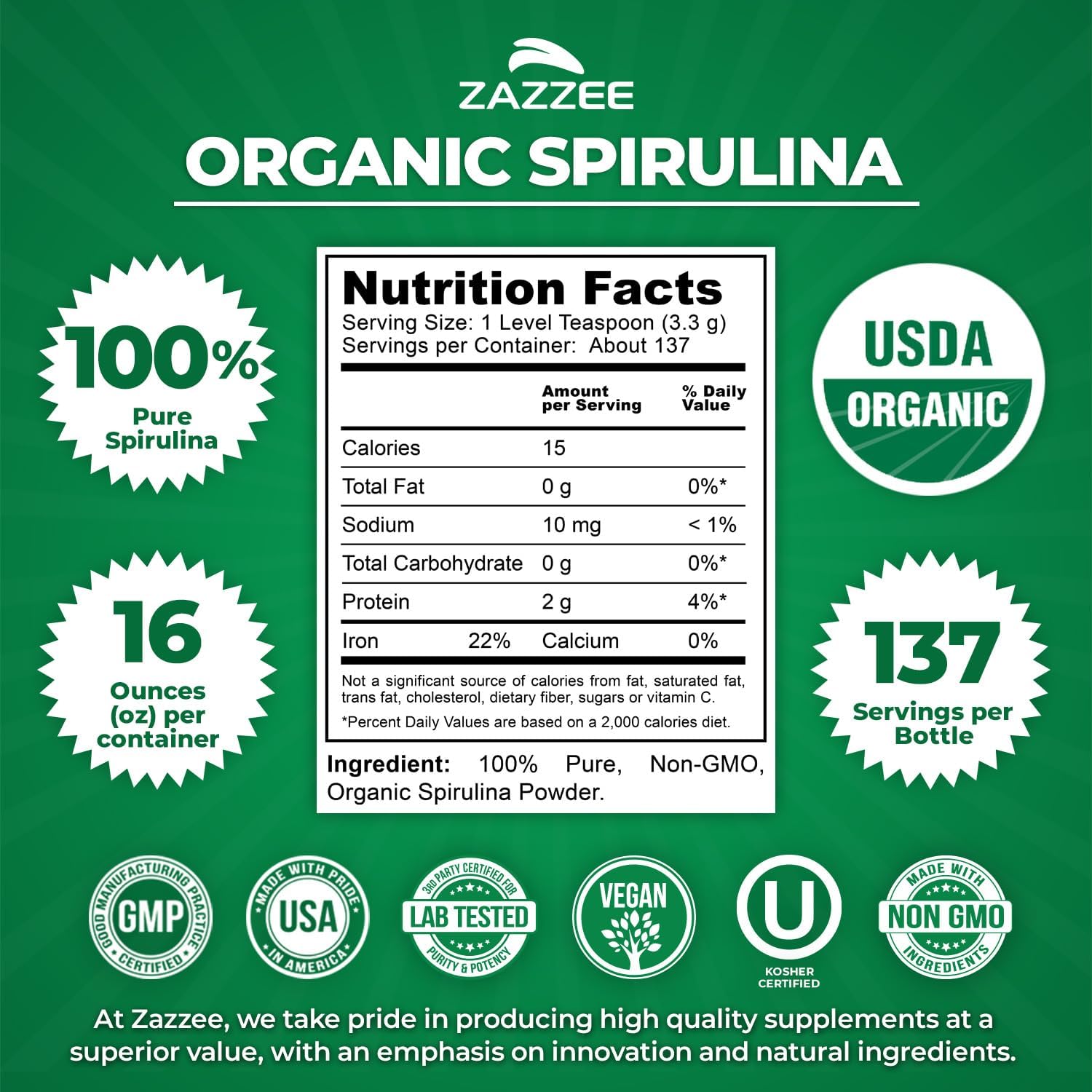 Zazzee USDA Organic Spirulina Powder, 2.2 Pounds (1 KG), 303 Servings | Certified Kosher, 100% Pure, Non-Irradiated, Mess-Free Wide Mouth Container, Fresh Smell, Neutral Taste, Non-GMO, Made in USA