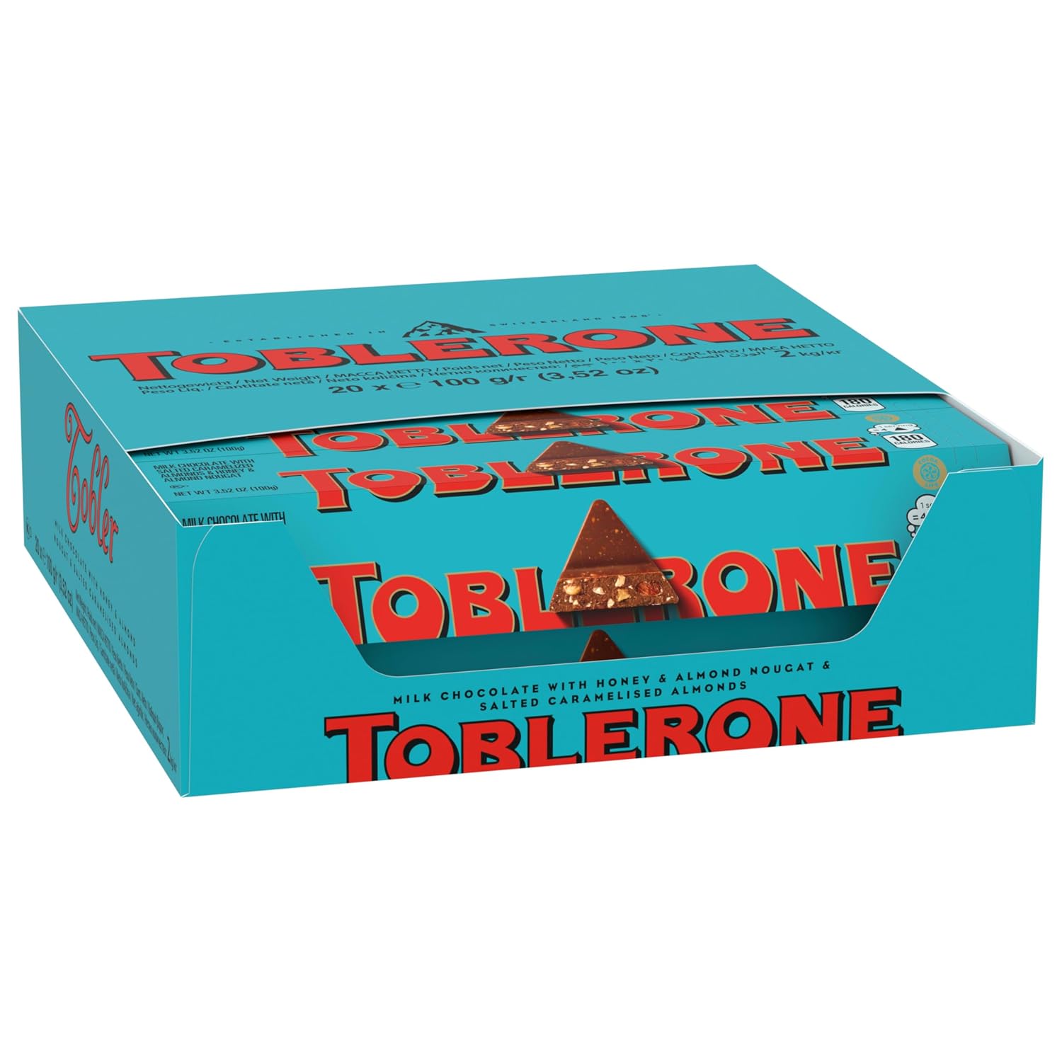 TOBLERONE Milk Chocolate Bar with Salted Caramelized Almonds, 20 Bars | Honey and Almond Nougat, Bulk Chocolate