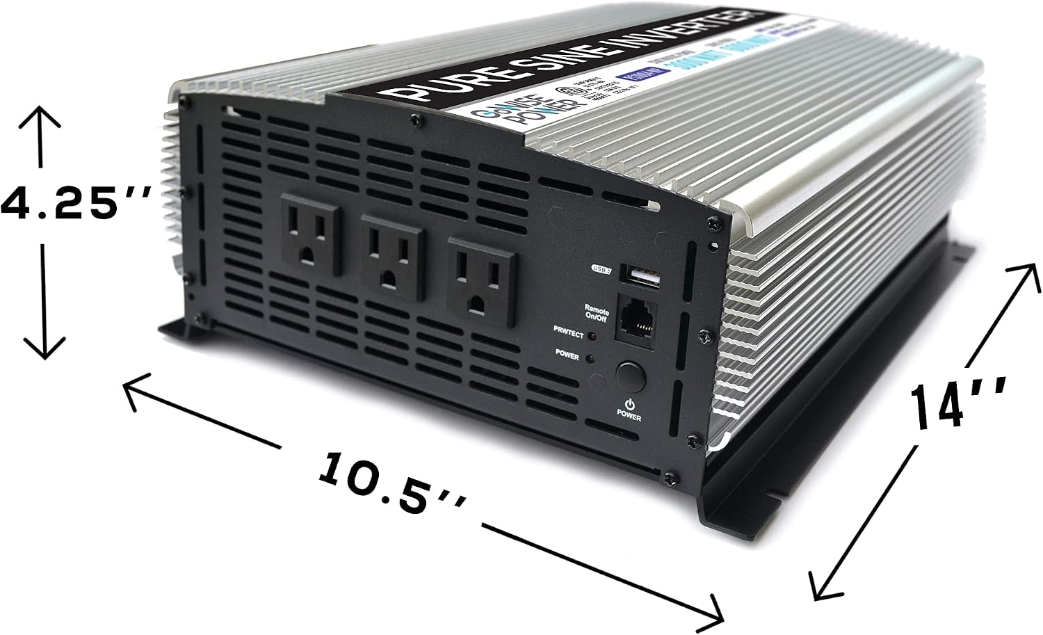 PS1004 3000W Continuous 6000W Surge Peak Power Pure Sine Wave Inverter with Starter Cables and 4 Output Sockets, Updated Model, Grey, Standard