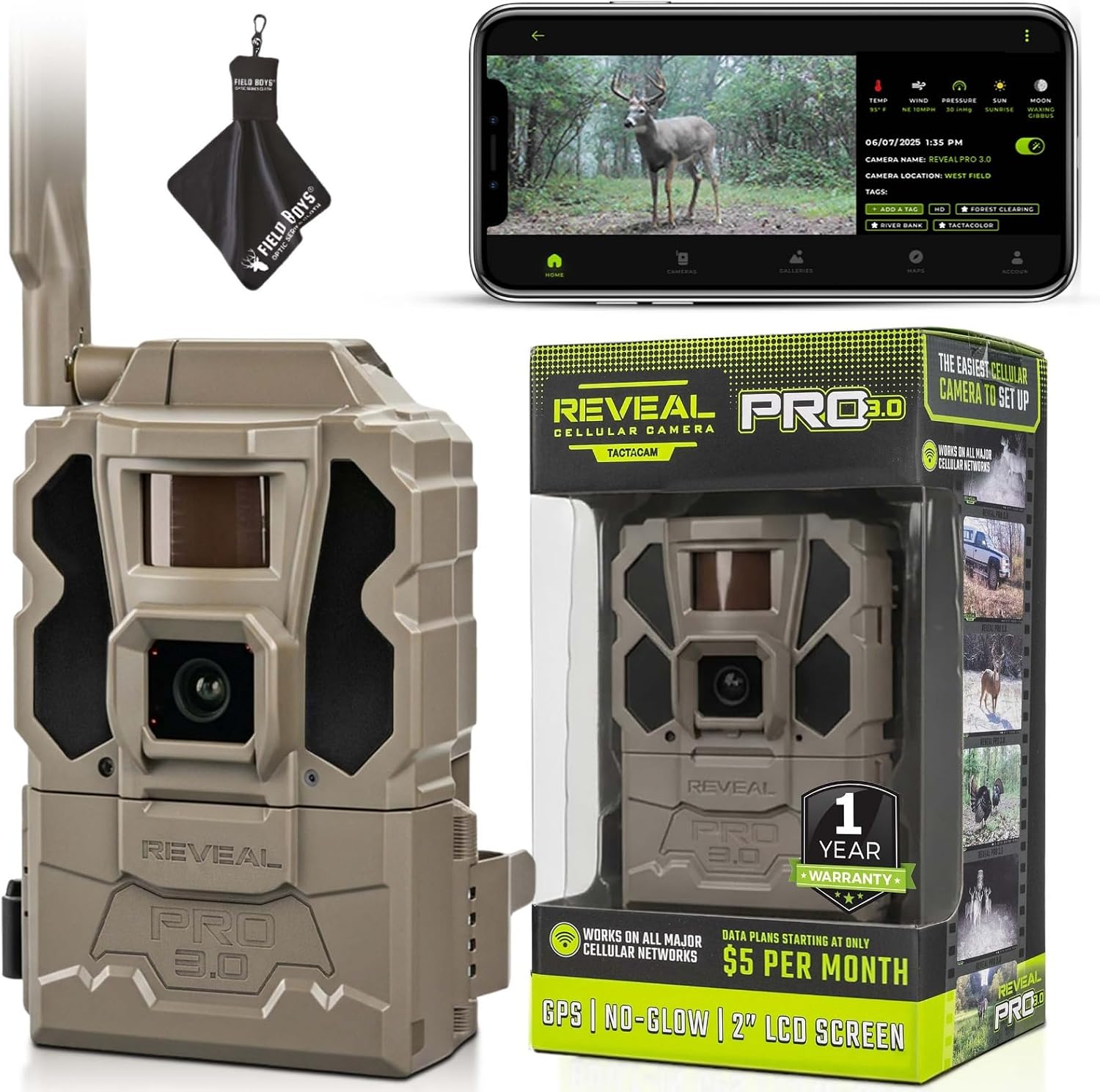 TACTACAM Reveal Pro 3.0 Cellular Trail Camera - Multi-Cellular Network, GPS, 2" LCD, No-Glow IR, Wi-Fi Enabled, HD Photos & 1080p Videos, Fast Trigger with Cleaning Cloth (2PK)