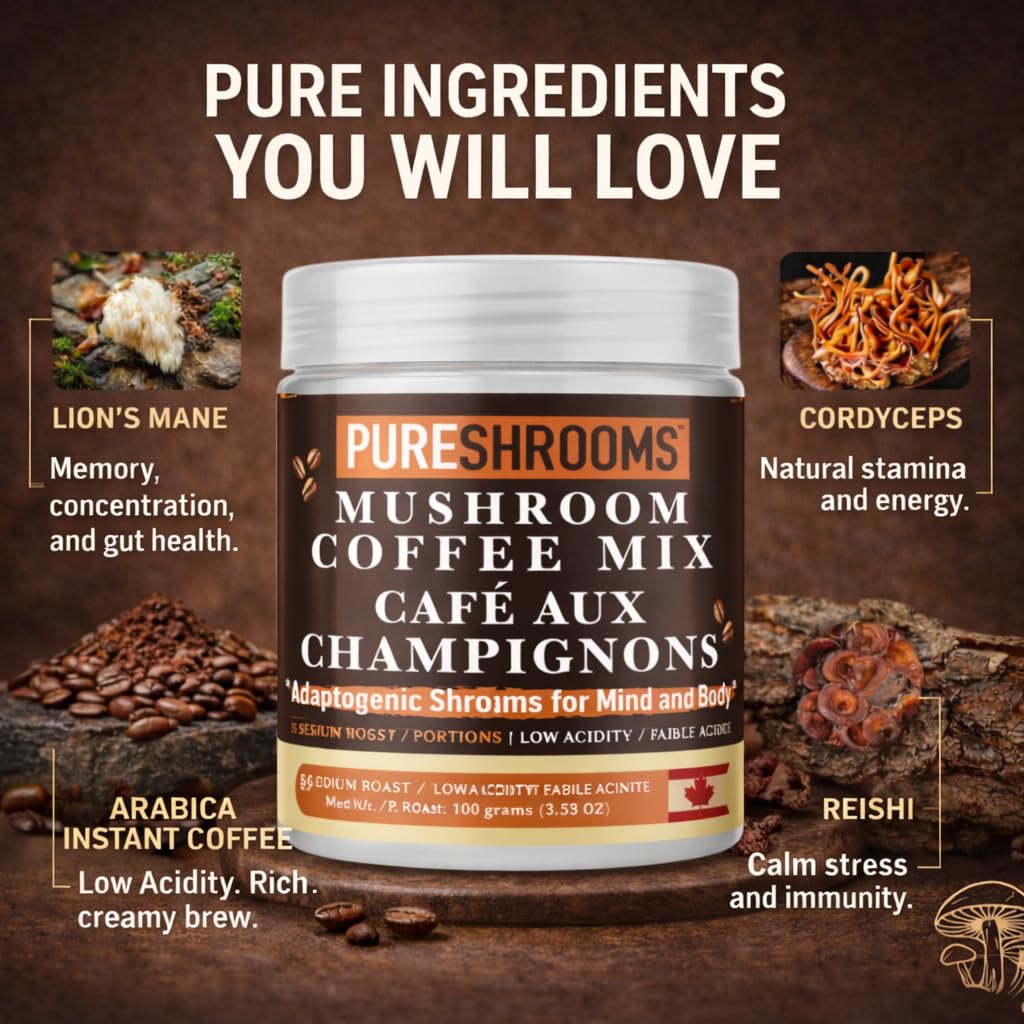 PureShrooms Mind & Body Mushroom Coffee - Instant Colombian Arabica with Organic Lion’s Mane, Reishi & Cordyceps - Low Acidity Nootropic Superfood Beverage for Focus & Vitality, 35 Servings/70g