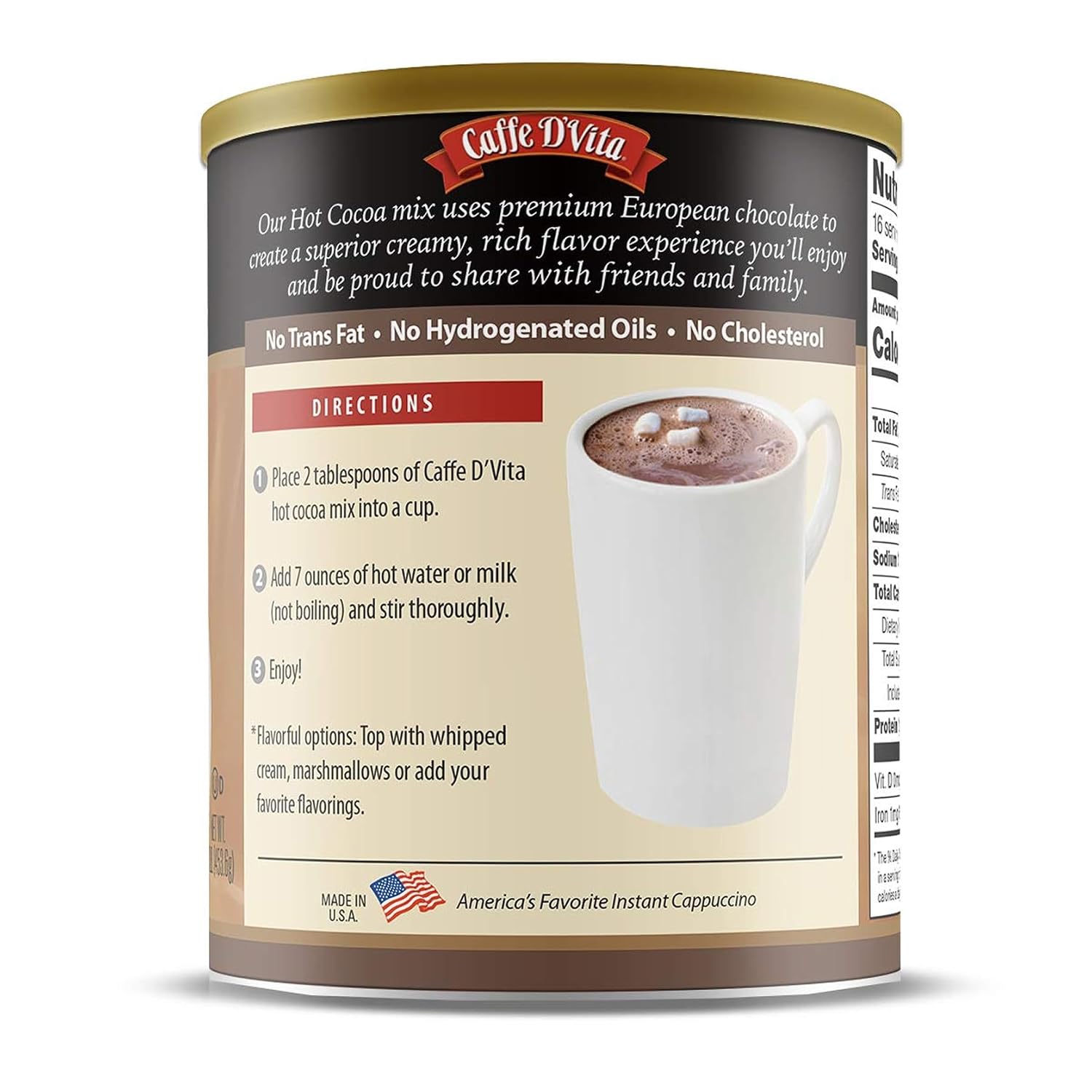Caffe D'Vita Sugar Free Hot Cocoa Mix, Gluten Free - 10 Oz Can | Hot Chocolate Mix, Low Fat, No Cholesterol, No Hydrogenated Oils or Trans Fat, Kosher, Cocoa Bulk