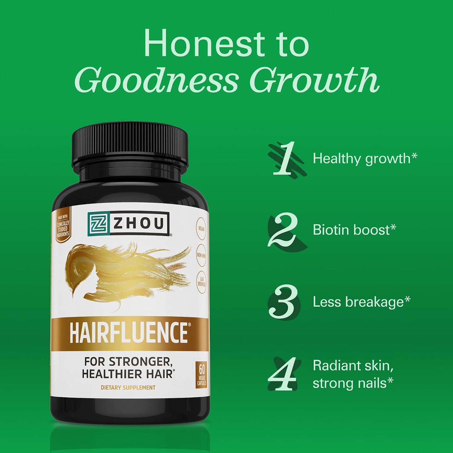 Zhou Hairfluence Supplement - 60 Veggie Capsules (Pack of 1) | Vegan Biotin Supplement for Hair Growth for Men & Women, Supports Stronger & Healthier Hair & Nails