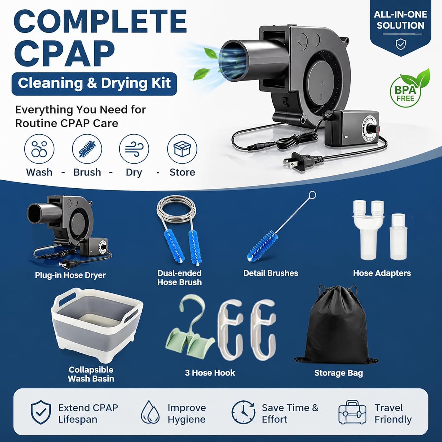 10 Pack CPAP Cleaning Kit with Speed-Adjustable Hose Dryer (for 22 mm &15 mm Tubing), Collapsible Wash Basin & 2 Hooks