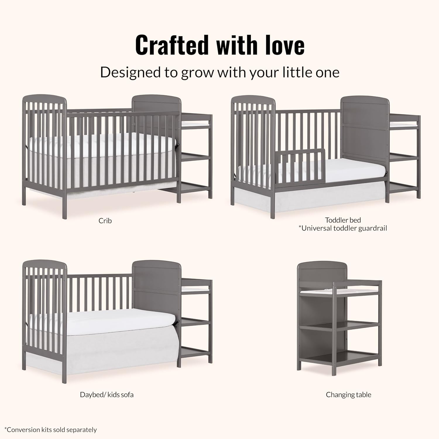 Dream On Me Anna 3-in-1 Convertible Full-Size Baby Crib & Changer with Storage in Steel Grey, GreenGuard Gold & BSA, Pinewood