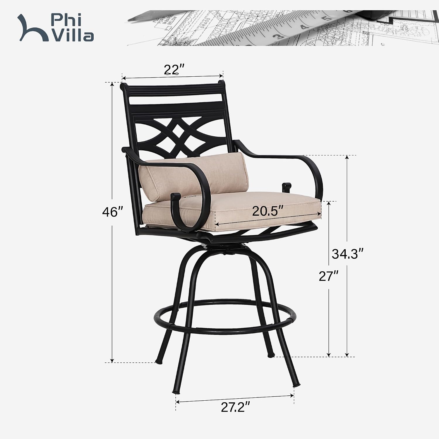 PHI VILLA Outdoor Bar Set 3 PCS Patio Bistro Table & Swivel Stools