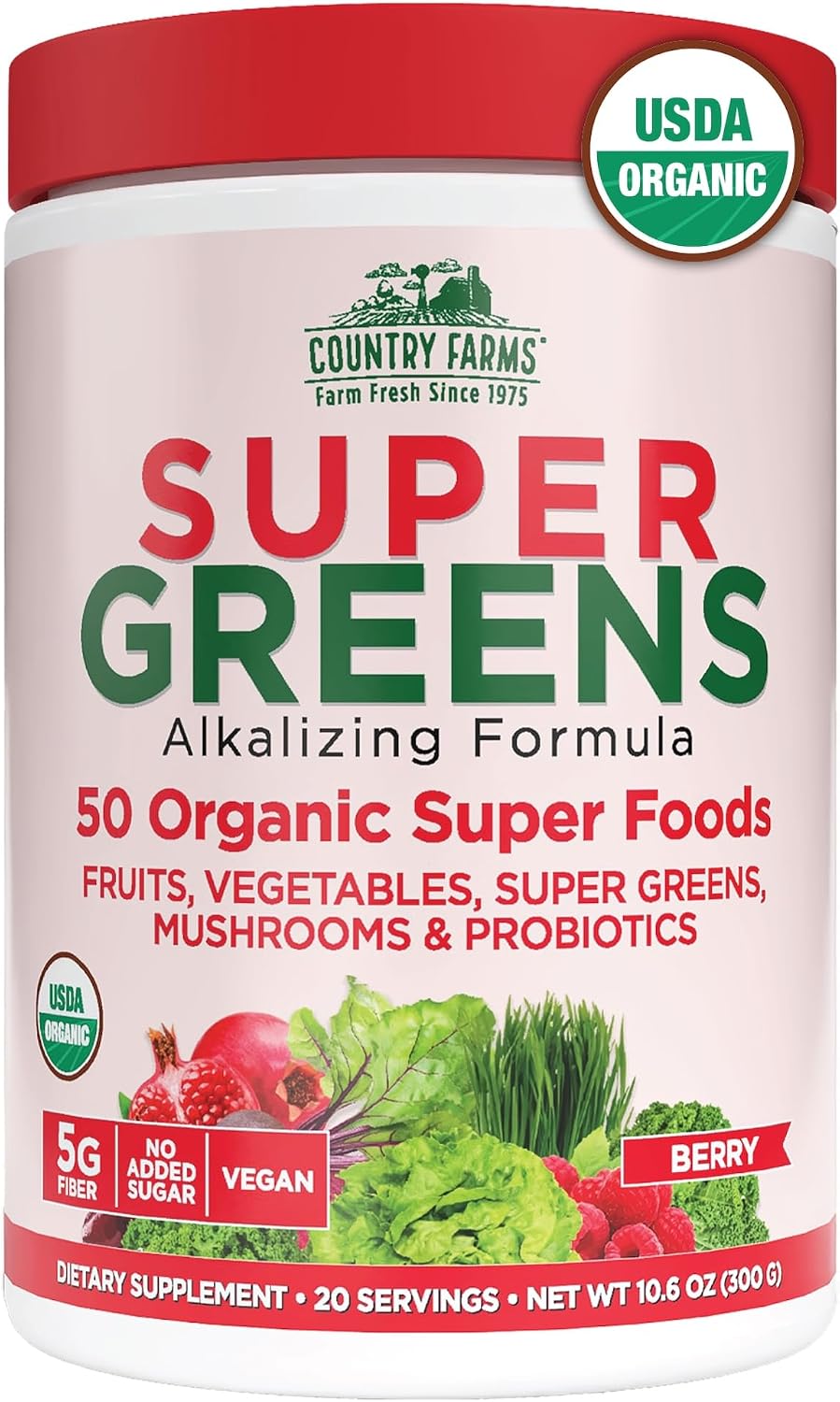 Country Farms Organic Super Greens Powder, Daily Greens Drink Mix with 50 Organic Superfoods, Fruits, Vegetables, Fiber, Mushrooms & Probiotics for Gut Health, Digestion & Energy, Berry Flavor