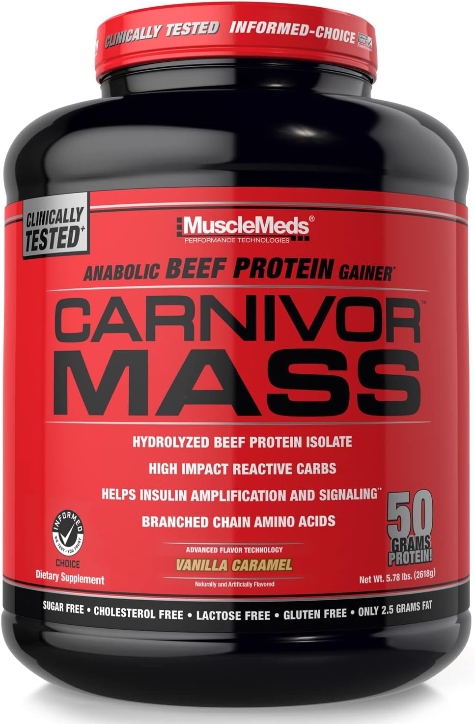 MuscleMeds CARNIVOR Mass Gainer Beef Protein Isolate Shake, 50 Grams Protein, 125 Grams Carbs, 0 Fat, 0 Sugar, Lactose Free, Halal Certified, Chocolate Peanut Butter, 6 Pound