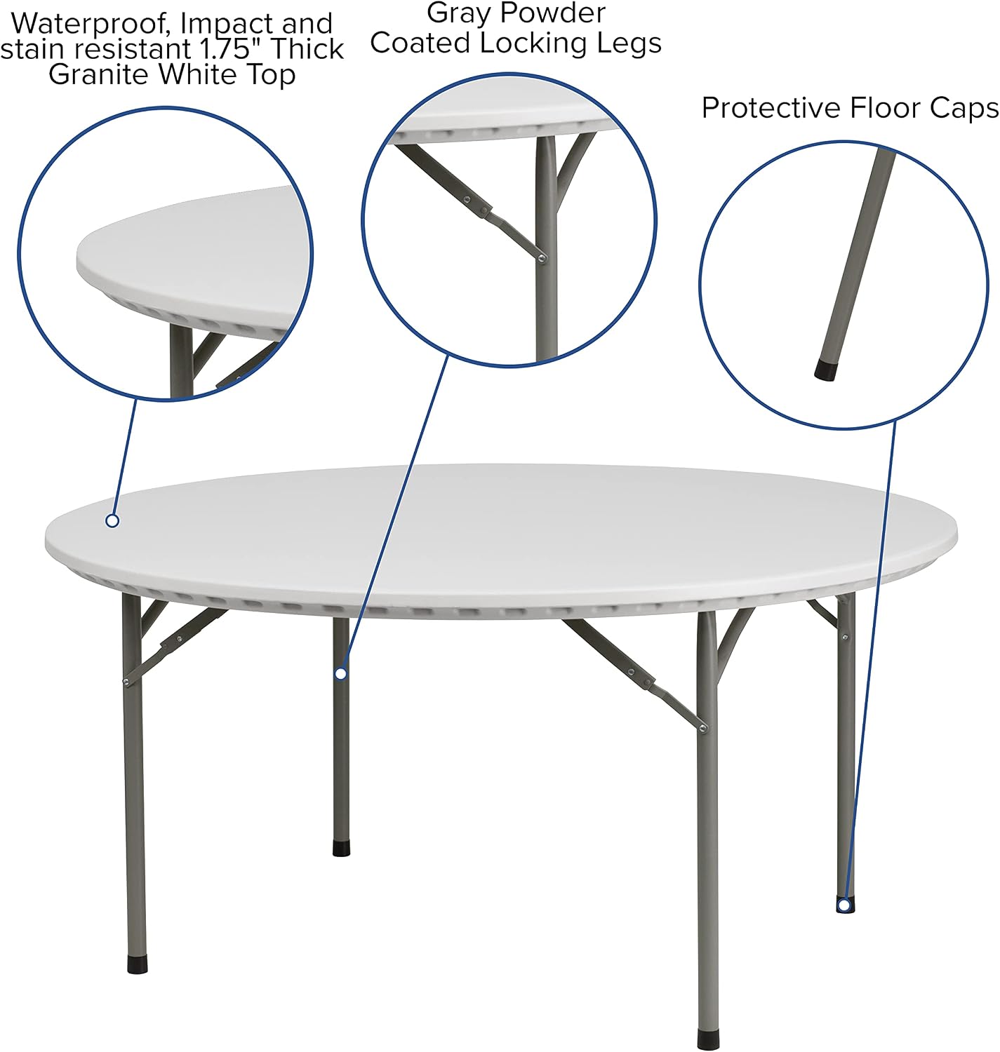 Flash Furniture Commercial 5 ft Plastic Round Folding Table, Granite White | Durable Construction, Commercial Use