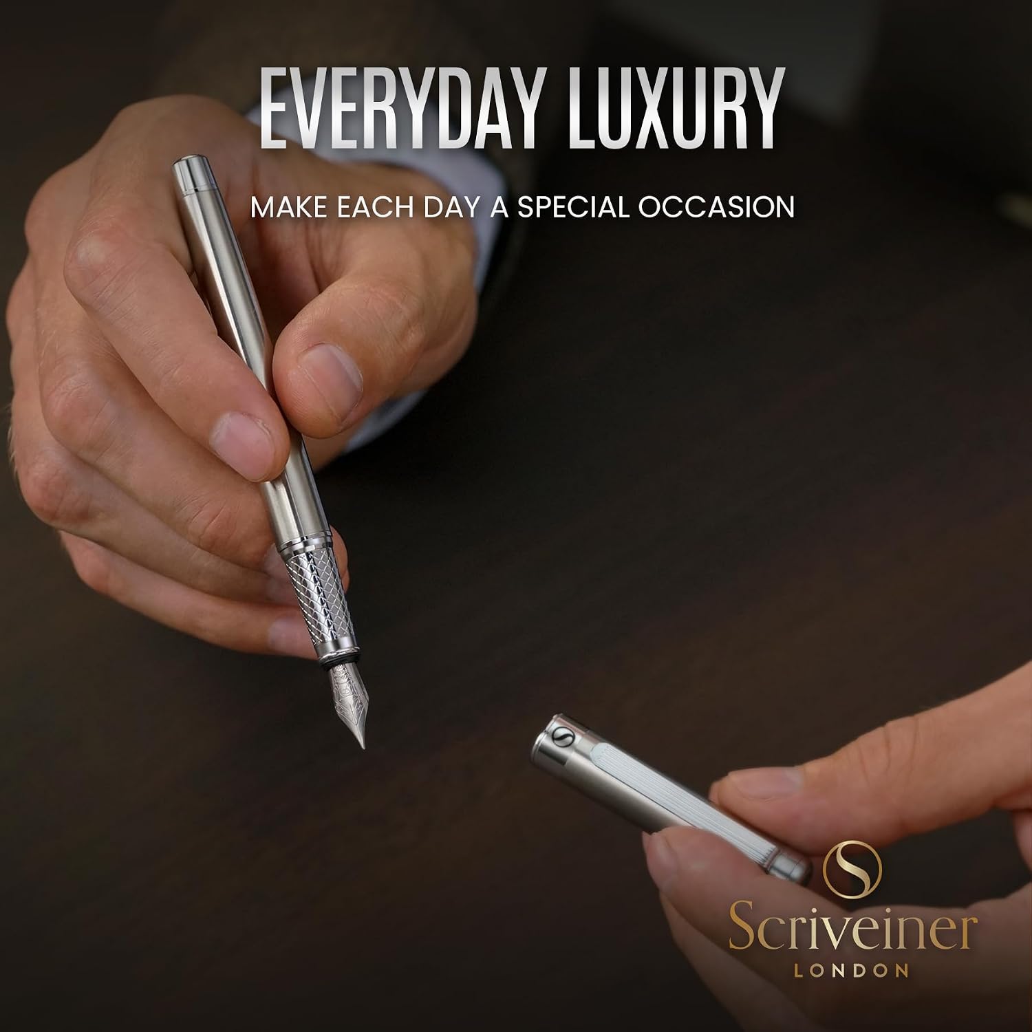 Scriveiner Silver Chrome Fountain Pen - Stunning Luxury Pen, Real Gold Finish Schmidt Gilded Nib (Medium), Best Pen Gift Set for Men & Women