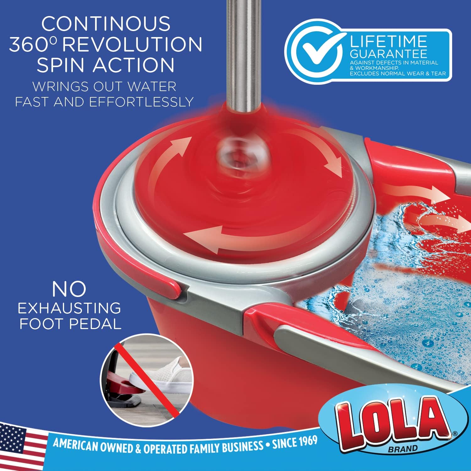 LOLA Revolution Spin Mop & Bucket System, Braided Mop Head, Durable Alloy Handle, 360 Spinning Action, Great for Any Hard Floor Surface