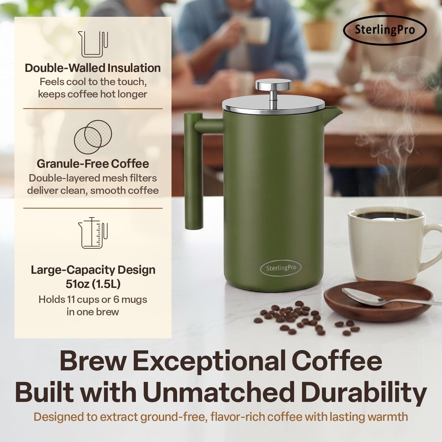 SterlingPro Large Insulated Stainless Steel French Press Coffee Maker 51oz Capacity (44 oz Brew Yield) – Double Wall Metal Coffee Press | Plastic Free | Cool-Touch | Mirror Finish | 12 Cups / 6 Mugs