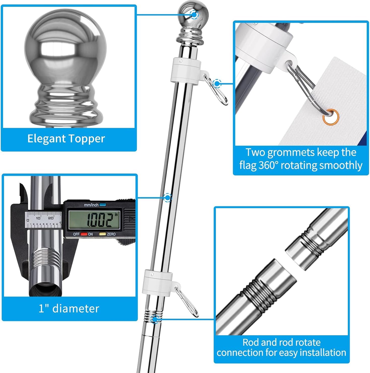 ZMTECH Flag Pole - Upgraded Bracket, 6 FT Stainless Steel Flag Poles for Outside House, Residential or Commerical