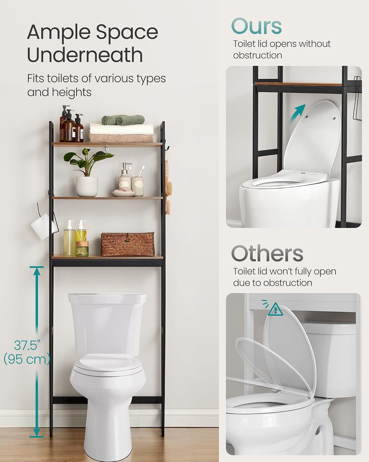 SONGMICS Over The Toilet Storage, 3-Tier Over Toilet Bathroom Organizer with Adjustable Shelf, 10.2 x 24.8 x 66.9 Inches, Space-Saving, Cloud White UBTS01WT