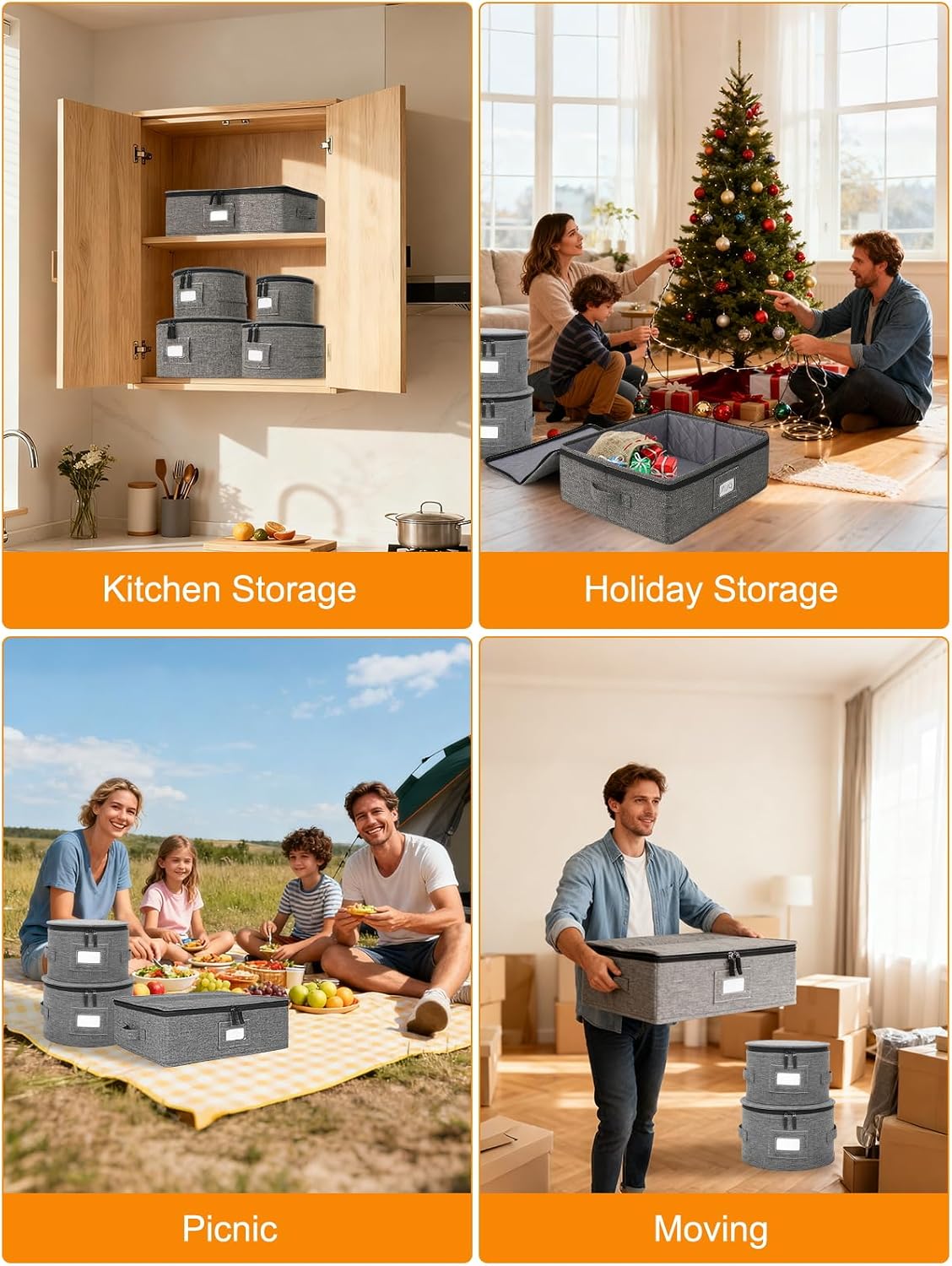 China Storage Containers, 4-Pack Hard Shell Plate & Dish Cases for Moving | Padded dividers and quilted lining protect plates and dishes; stackable for moving and holiday storage, beige hold set of 12