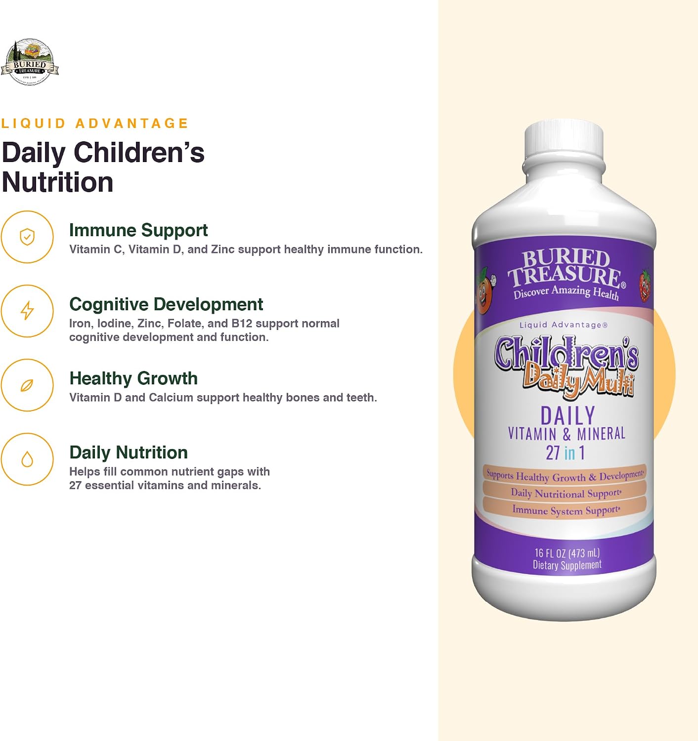 Buried Treasure Children’s Daily Liquid Multivitamin – 27 Vitamins & Minerals with SuperFood Blend – Sugar Free, Vegan, Orange Mango Flavor