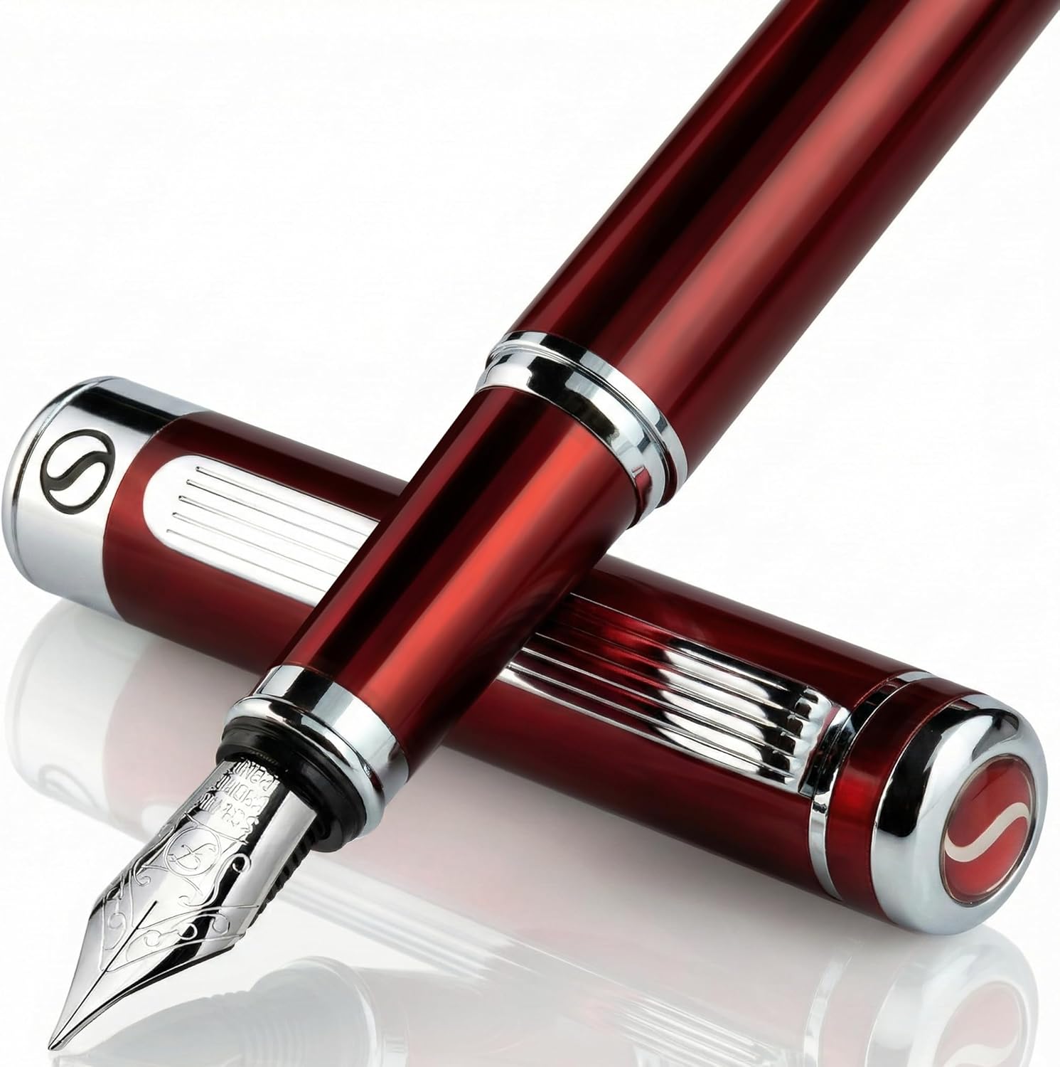 Scriveiner Silver Chrome Fountain Pen - Stunning Luxury Pen, Real Gold Finish Schmidt Gilded Nib (Medium), Best Pen Gift Set for Men & Women