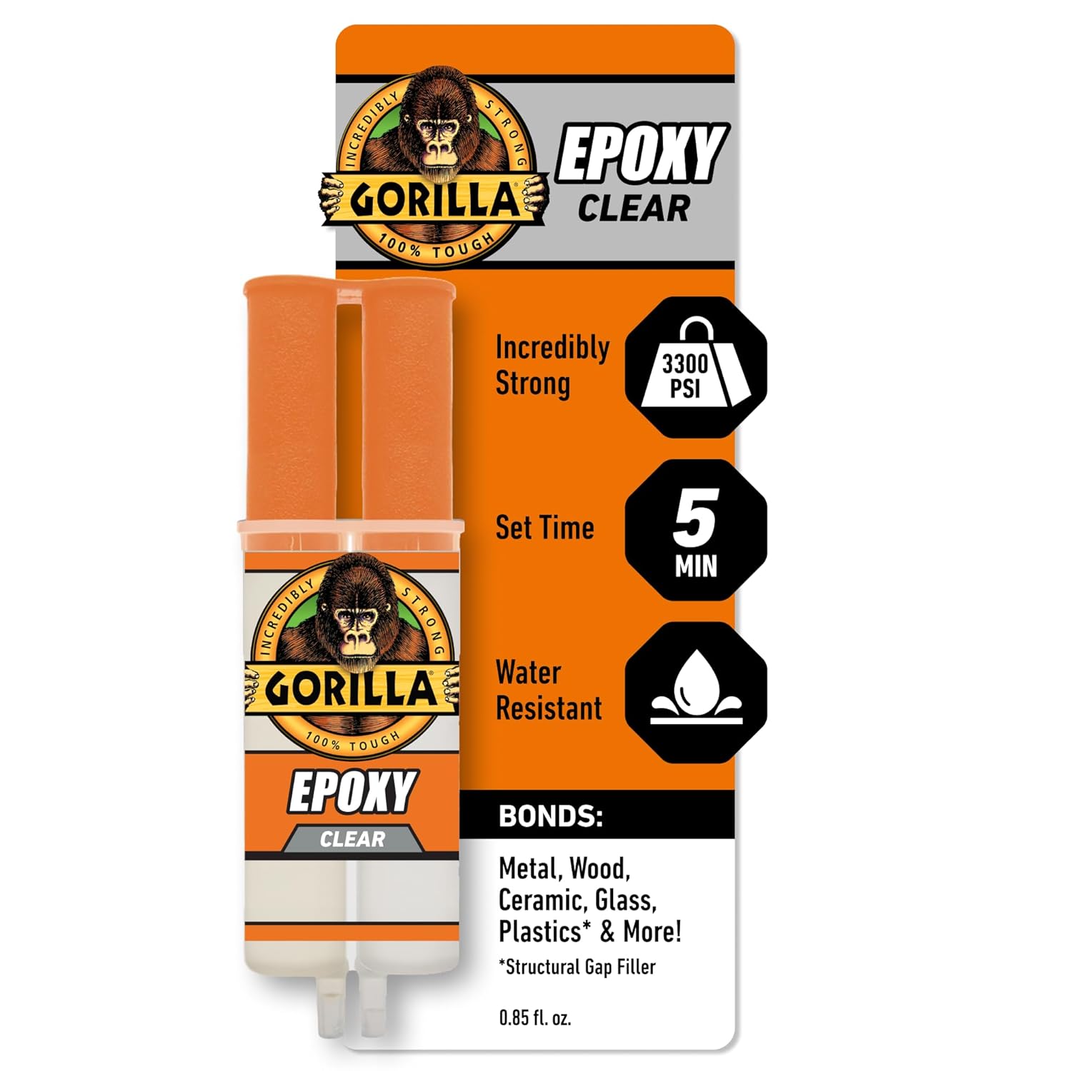 Gorilla 2 Part Epoxy, Incredibly Strong Bonding, 5 Minute Set, 0.85 oz | Water Resistant, Bonds Uneven or Vertical Surfaces, Easy-to-Use Syringe