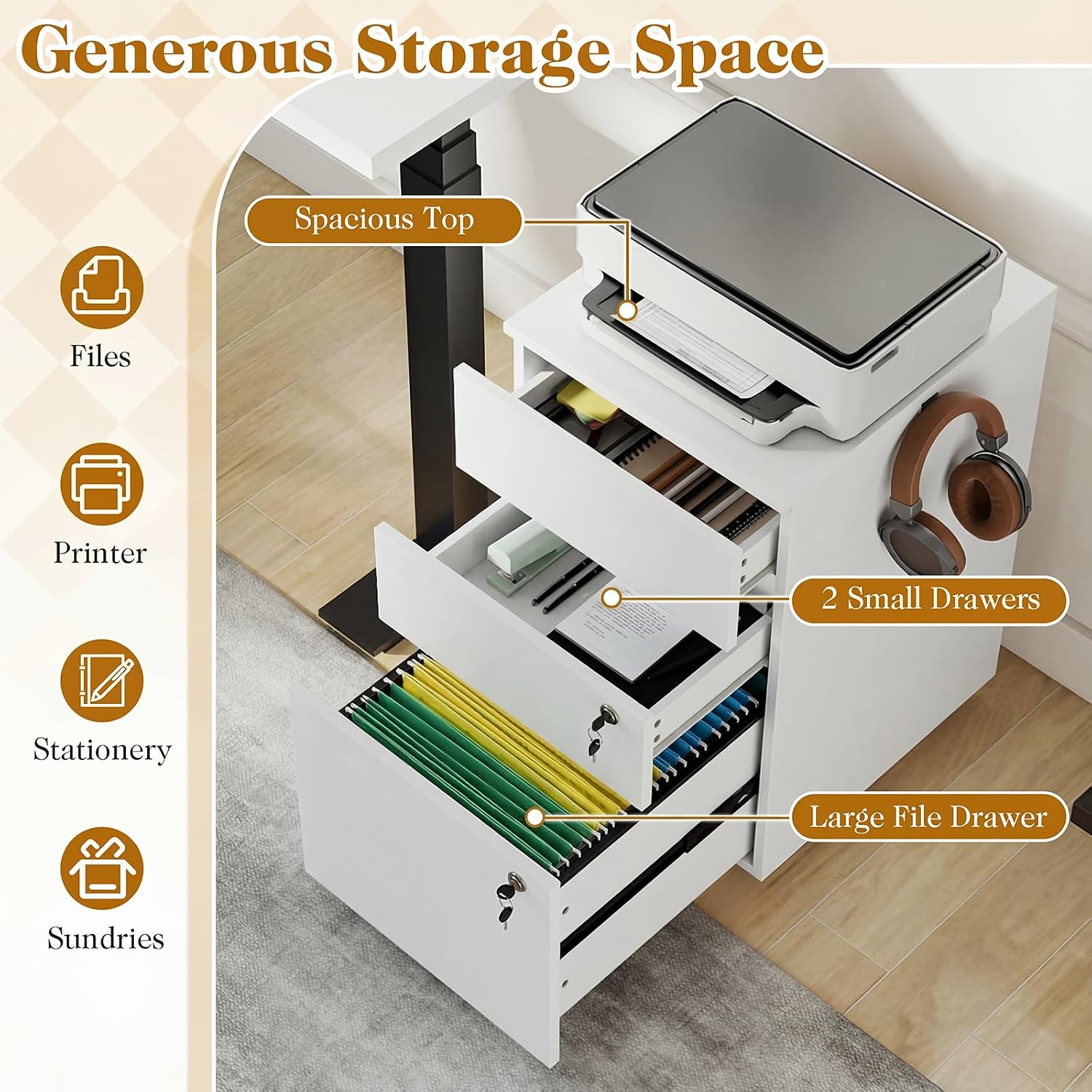 Mobile File Cabinet with 3 Drawers, Wooden Rolling Filing Cabinet with Lock, Under Desk File Organizer for A4/Letter/Legal Size, for Home Office, Study (White)