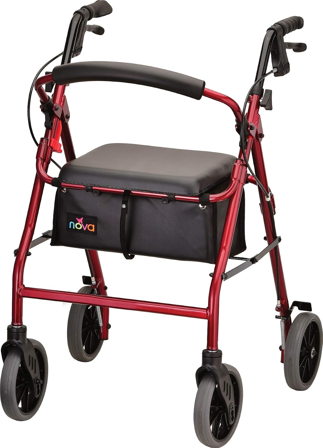 NOVA Zoom 22 Rollator Walker for Seniors, Rolling Walker with Locking Hand Brakes, Padded Seat & 8" Wheels, Lock N Load for Easy Transport & Storage, Adjustable Height 5'5"–6'1", Red