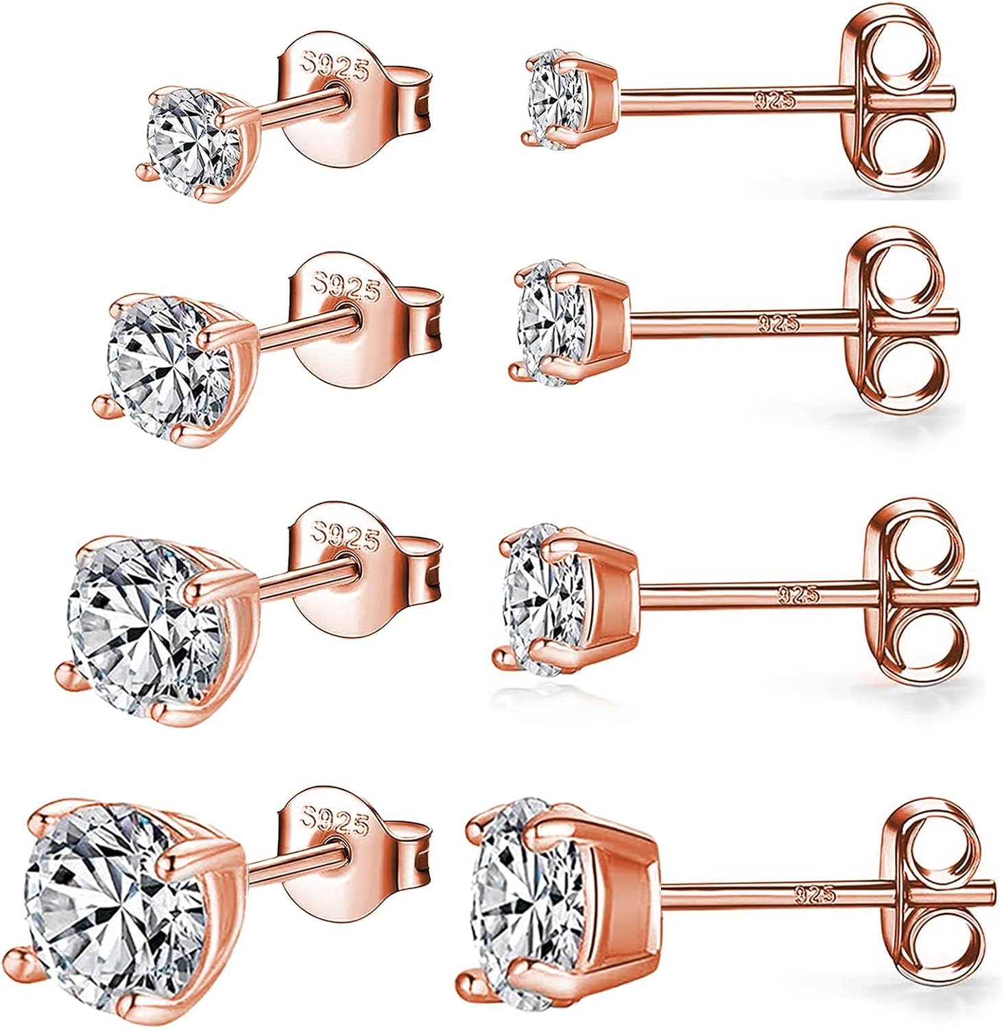 925 Sterling Silver Stud earrings Set | White Gold Plated Hypoallergenic Stud Earrings | Cubic Zirconia Stud Earrings for Women (2mm, 3mm, 4mm, 5mm