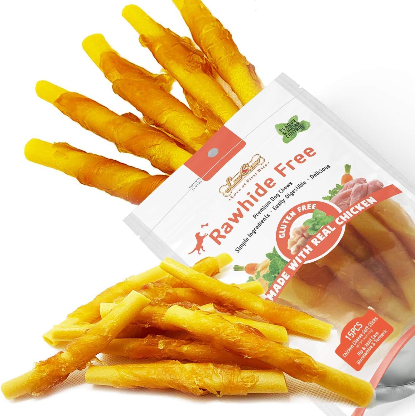 LuvChew Chicken Wrapped Dog Bone Treat Sticks with Glucosamine & Turmeric, Easy to Digest, Non-Rawhide Soft Chicken Cheese Dog Chew Treats 15pcs/Pack