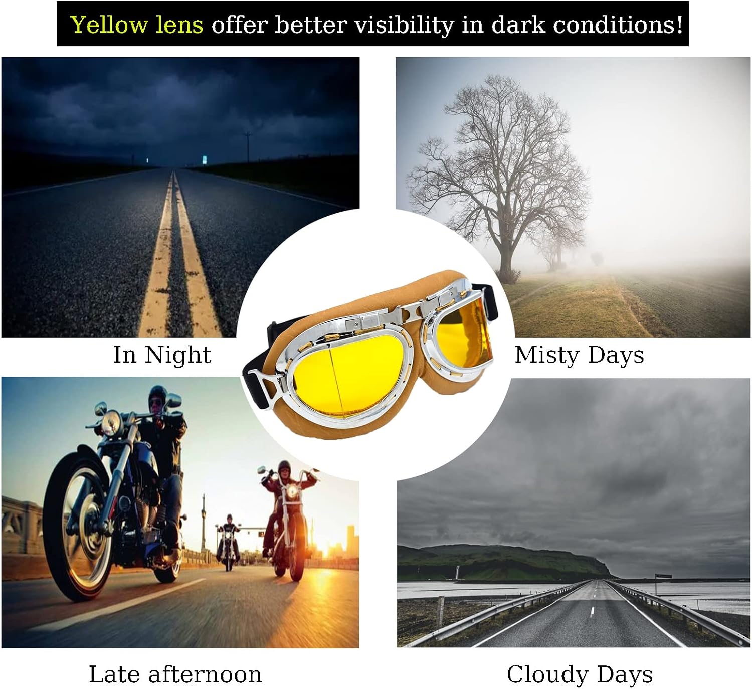 Motorcycle Goggles Anti Fog&Wind&Dust&Sand Aviator Pilot Motocross | Dirt Bike Atv Riding Goggles with Yellow Lens,Fit Over Glasses or Helmet