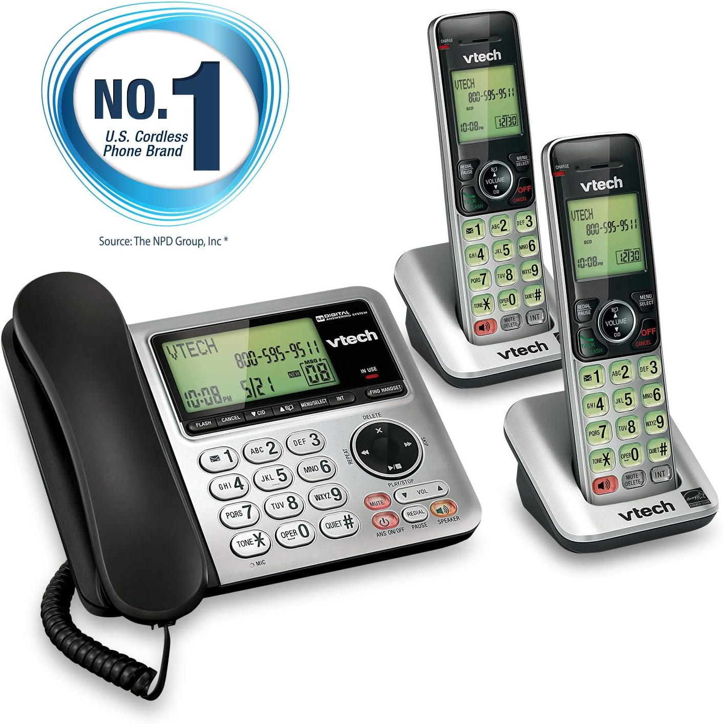 VTech CS6649 DECT 6.0 Expandable Corded/Cordless Phone with Answering System and Caller ID/Call Waiting, Silver/Black with 1 Handset