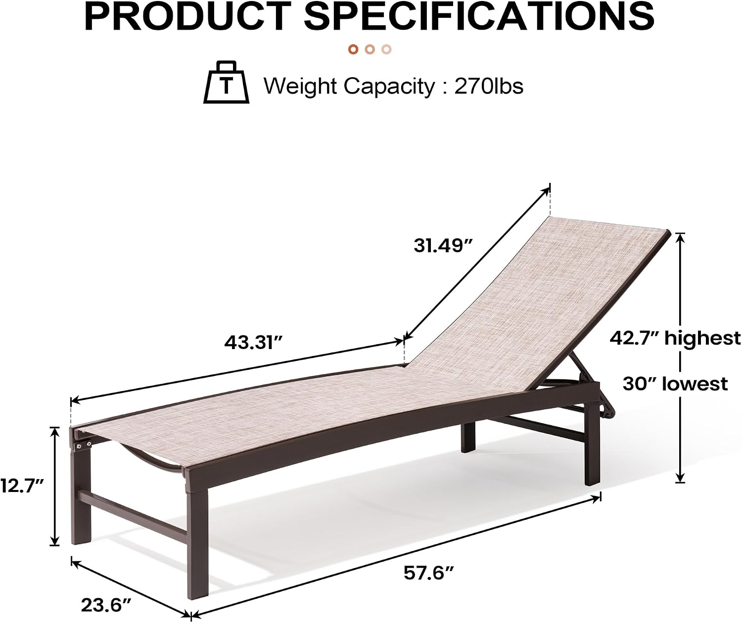 Crestlive Products Outdoor Pool Lounge Chairs Set of 2 with Side Table, Adjustable Five-Position Recliner for Beach, Pool, Sunbathing, Lawn