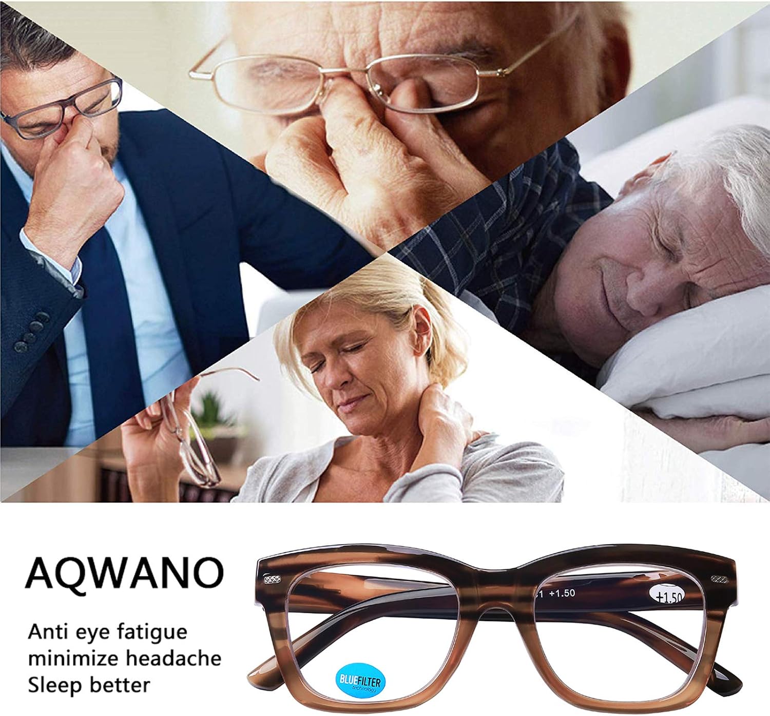 AQWANO Oversized Computer Reading Glasses Blue Light Blocking, 4 Pairs Stylish Fashion Design Anti UV Ray/Eye Strain/Glare Readers Men Women, 1.5