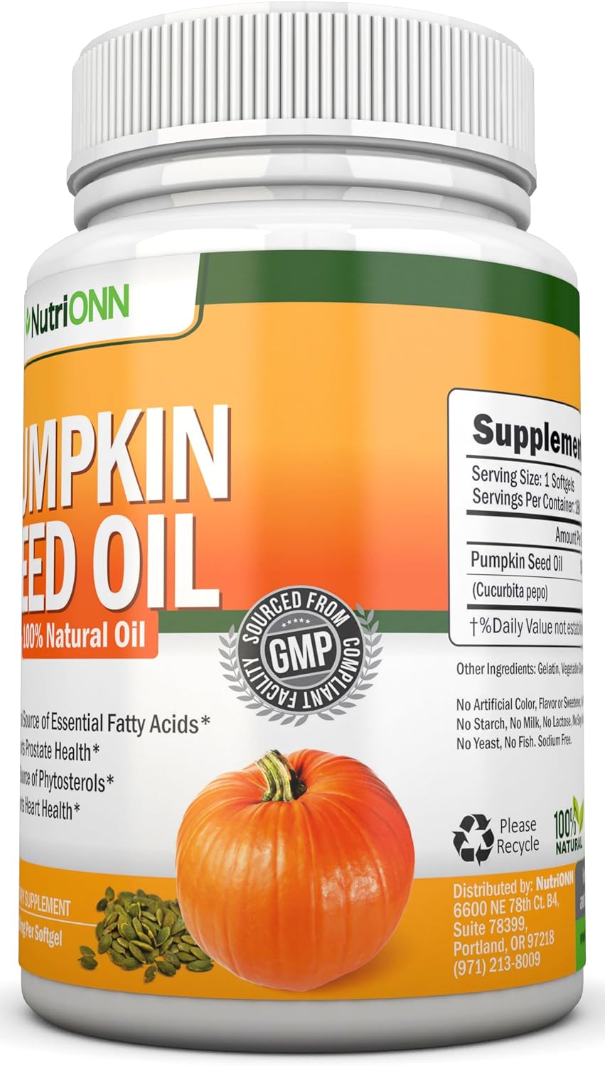 NutriONN Pumpkin Seed Oil - 1000MG - 180 Softgels - Cold-Pressed Natural Pumpkin Seed Oil - Natural Source of Essential Fatty Acids - Great for Hair