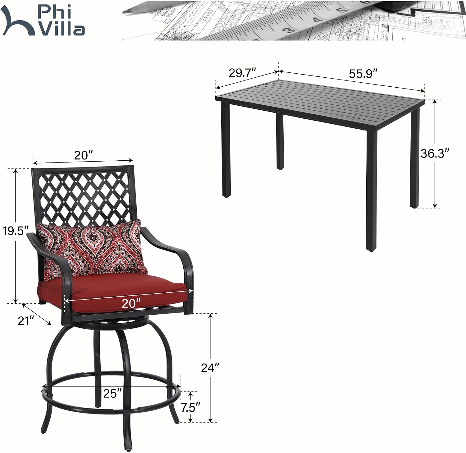 PHI VILLA Outdoor Bar Set 3 PCS Patio Bistro Table & Swivel Stools