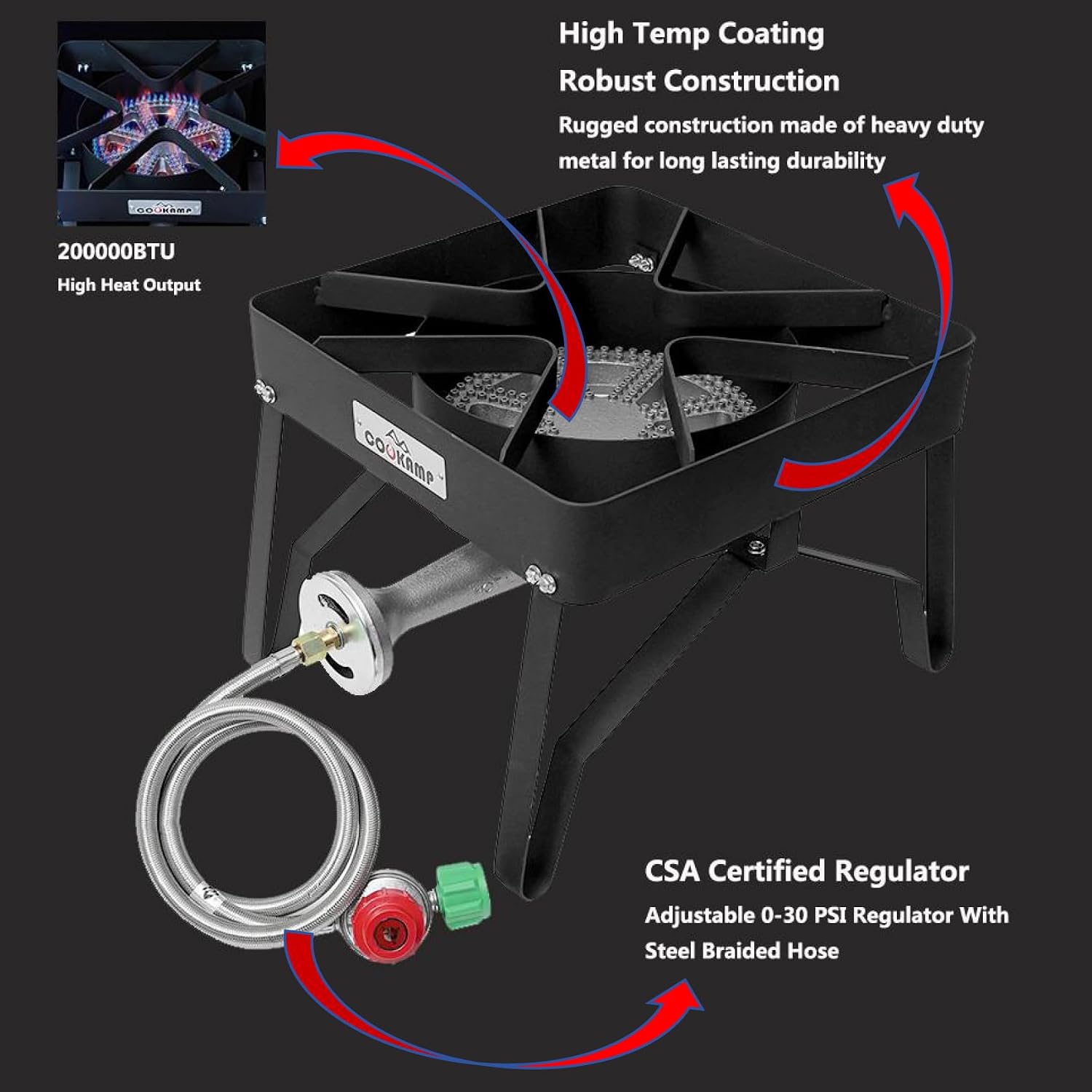 COOKAMP High Pressure 200000 BTU Banjo 1-Burner Outdoor Propane Burner Gas Cooker with 0-30 PSI Adjustable Regulator and Steel Braided Hose (Balck)