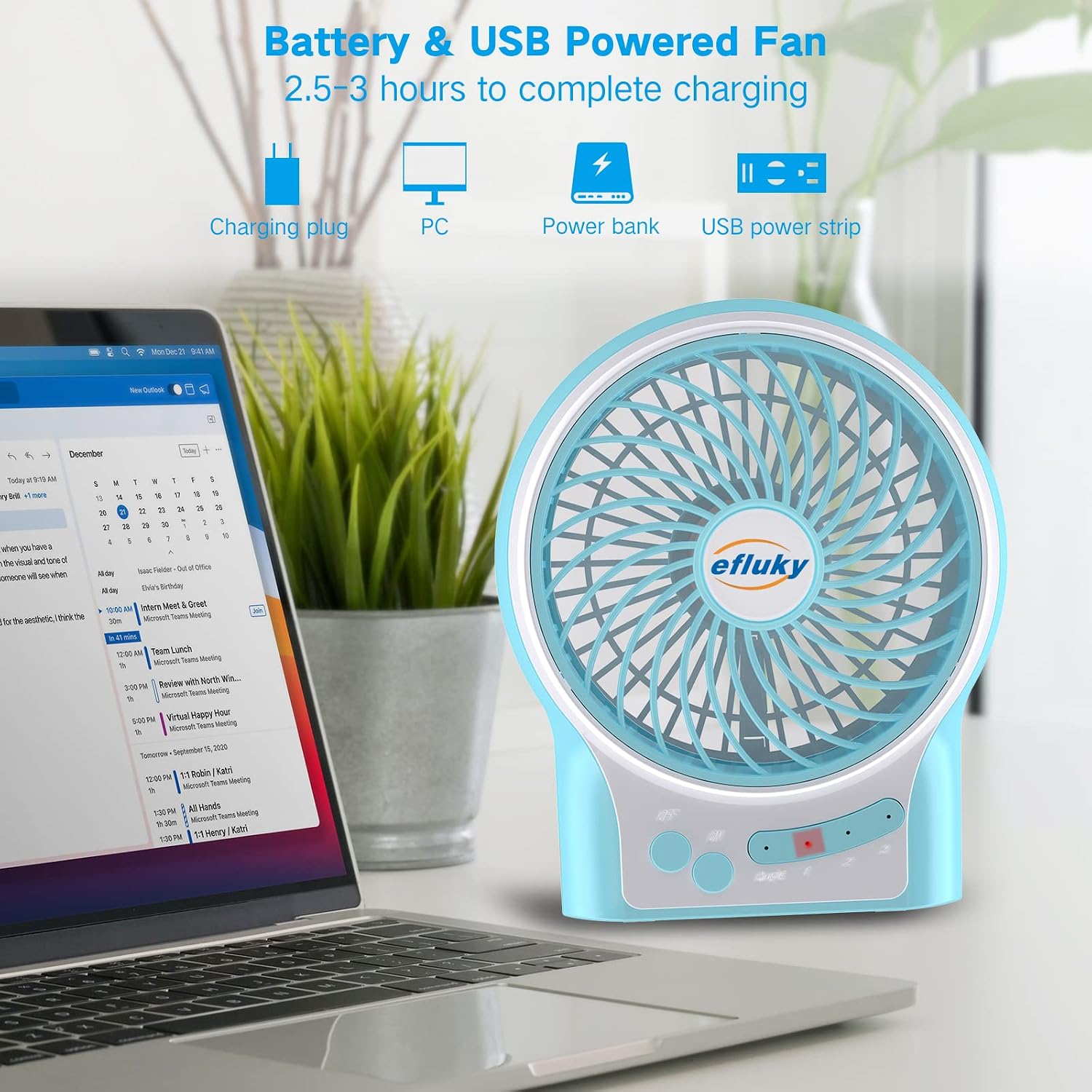 efluky 4.9-Inch Mini Desk Fan - 3 Speeds, Rechargeable Battery/USB Powered with LED Light, Quiet Portable Fan for Home, Office, Travel, Camping (Black)